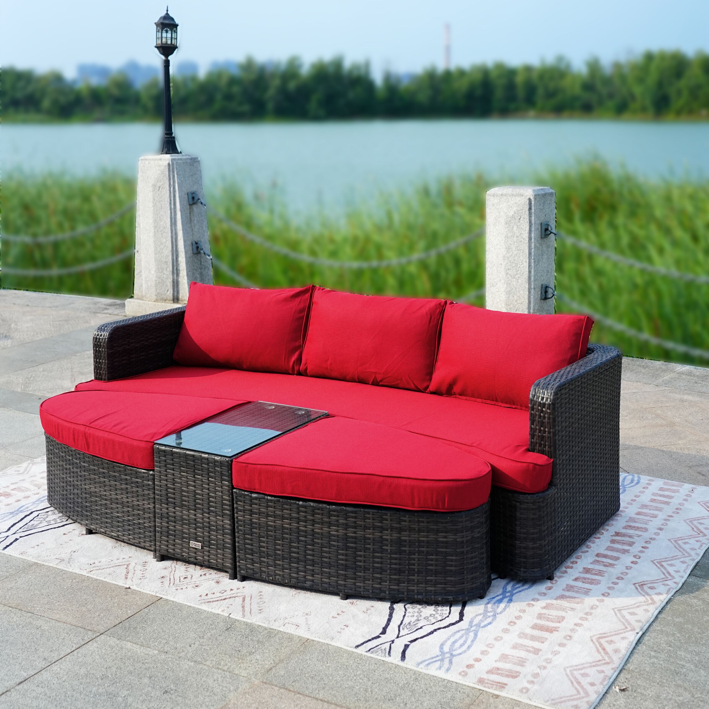 Moda Furnishings PAL-1202BR-RED 4 -Piece Wicker Patio Sofa Conversation Set with Red Cushions