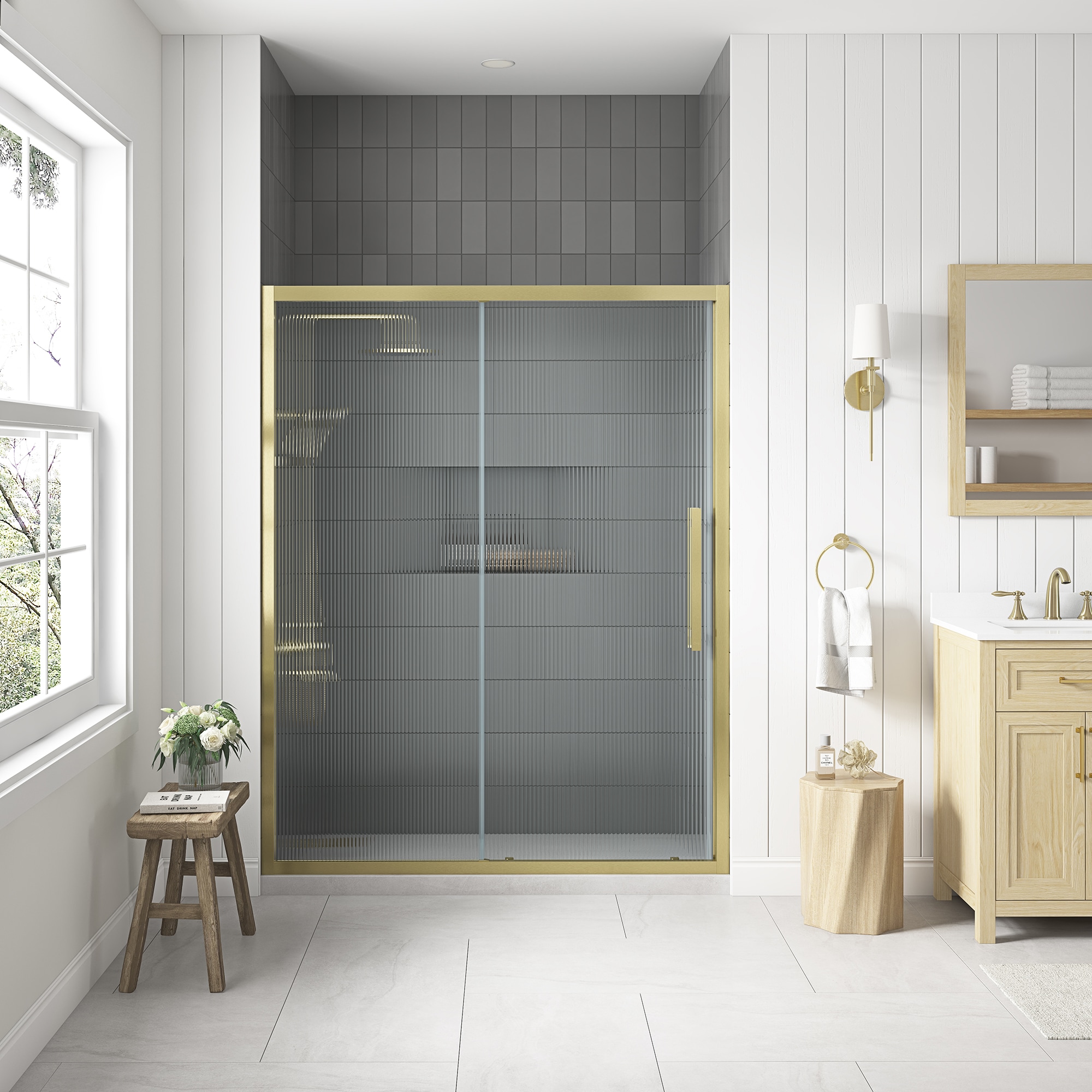 OVE Decors 15SGP-VENF60-GBW Venice Brushed Gold 55-in to 60-in W x 73.23-in H Framed Sliding Shower door 5/16-in Thick Fluted Glass
