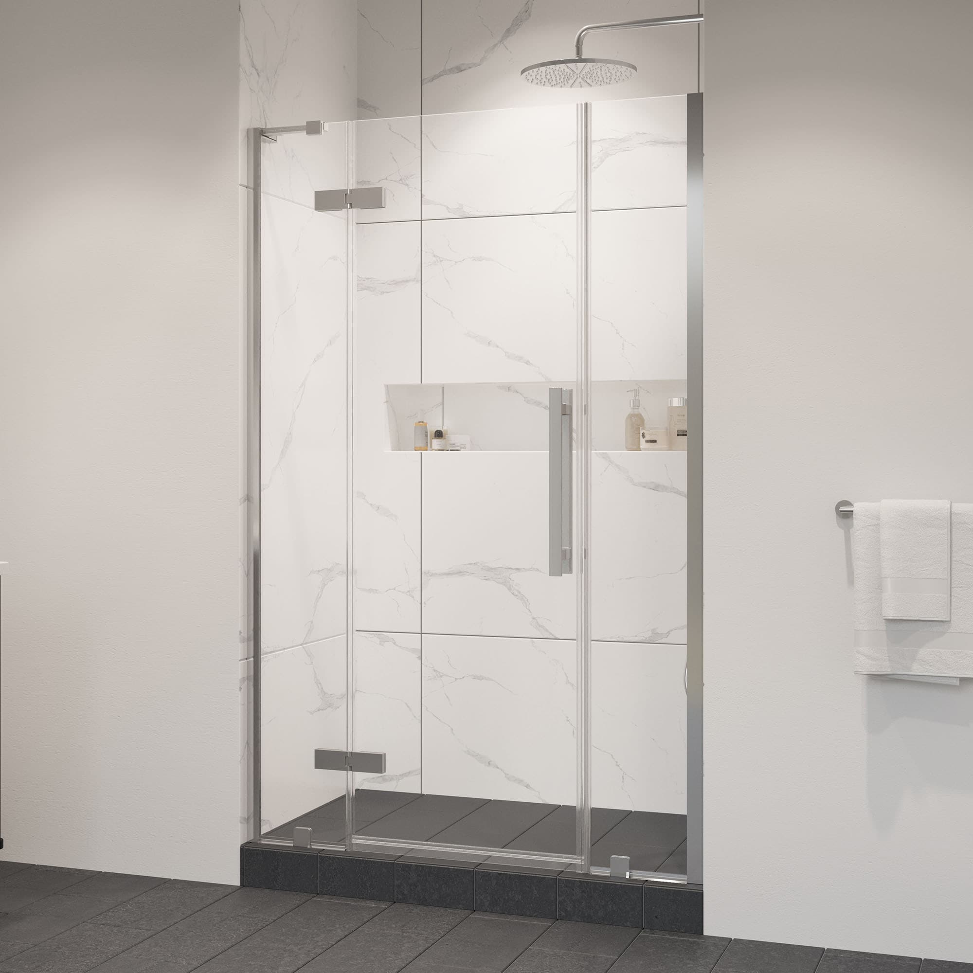 OVE Decors 15SGP-TAMP48-SAT Tampa Satin Nickel 45-11/16-in to 48-1/16-in W x 72.01-in H Frameless Pivot Shower door 5/16-in Thick Clear Glass