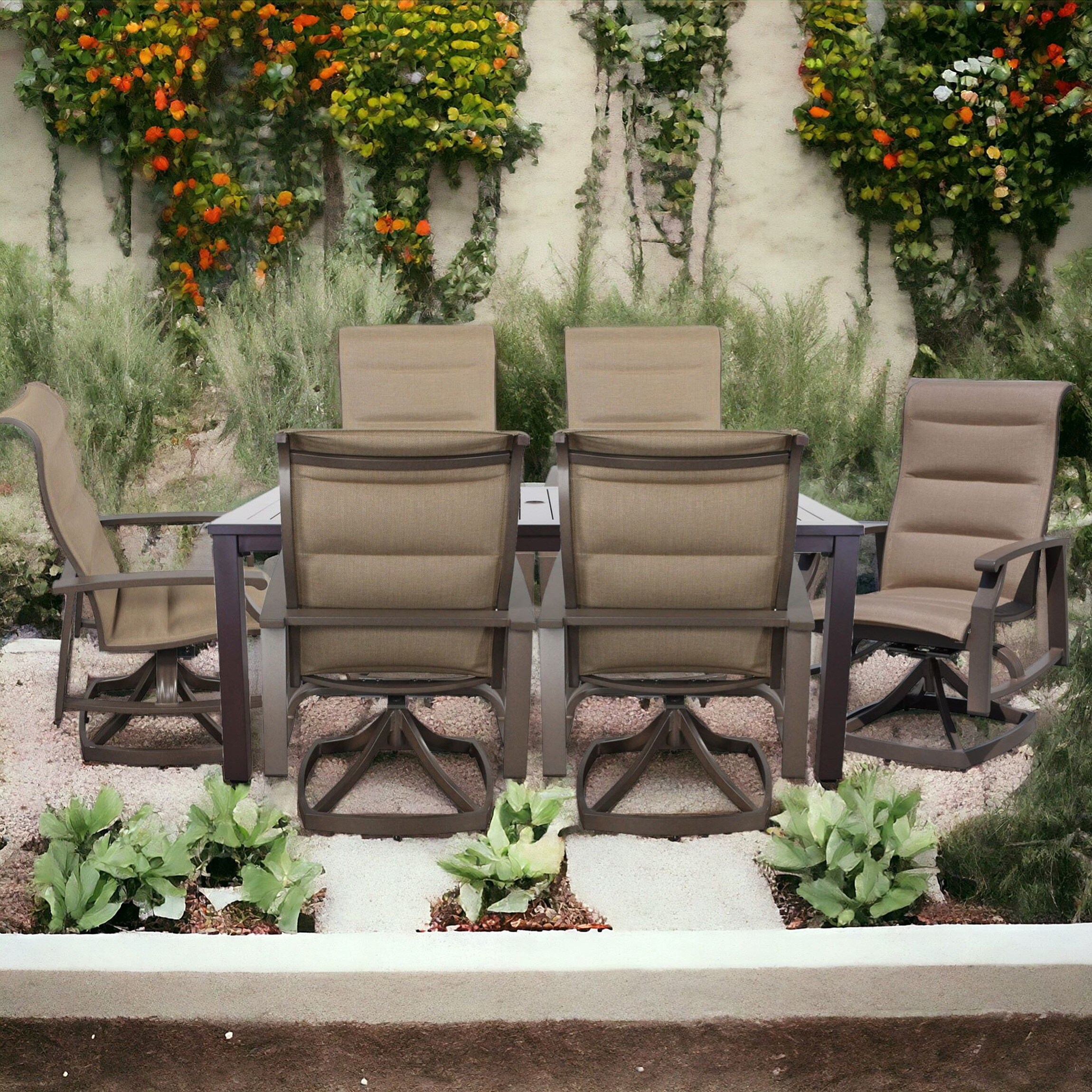 Courtyard Casual 5337 Madison 7 -Piece Autumn Rust Patio Dining Set Aluminum Rectangle Table with 6 Brown Swivel Chairs