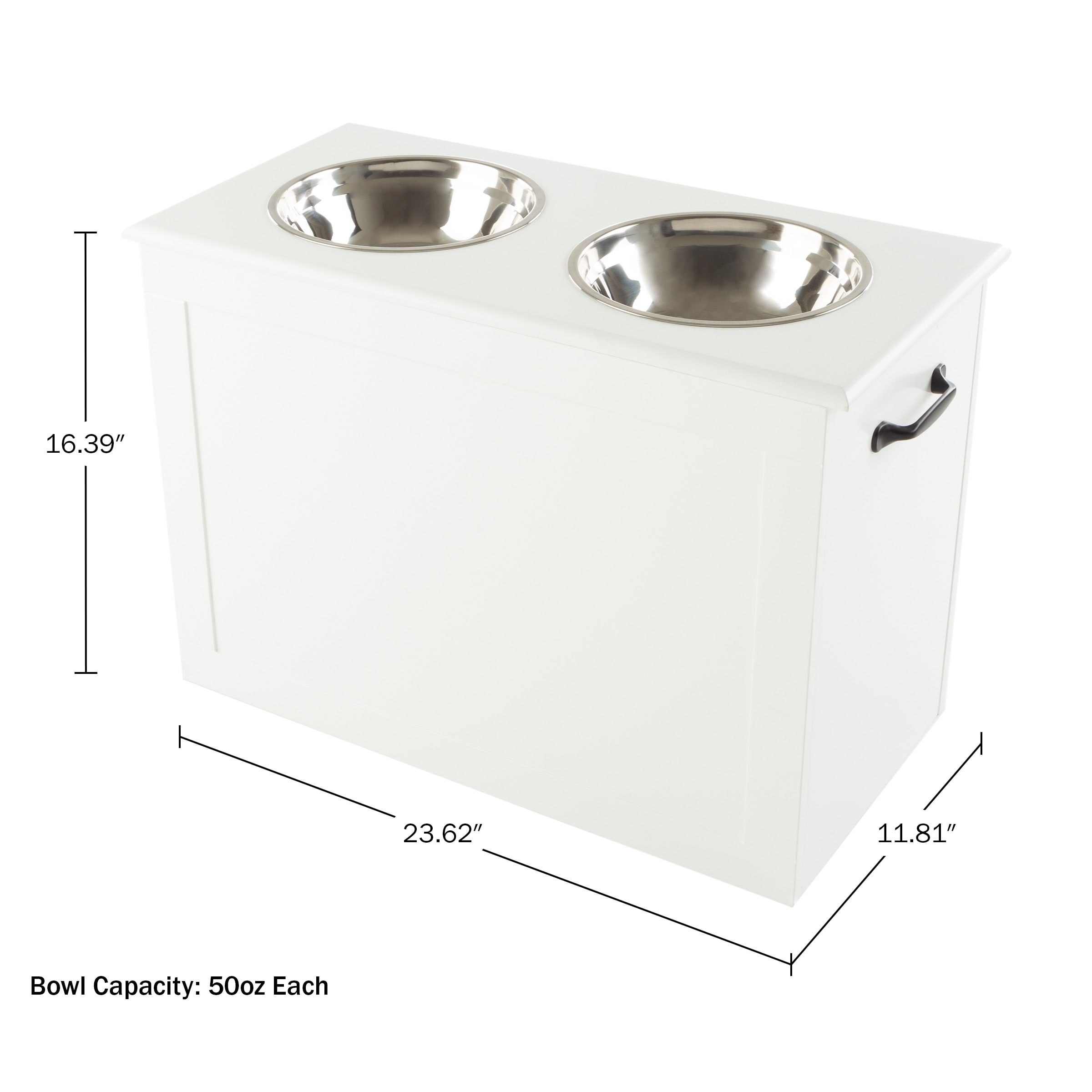 White Elevated Dog Bowls with Hidden Storage and Stainless Steel