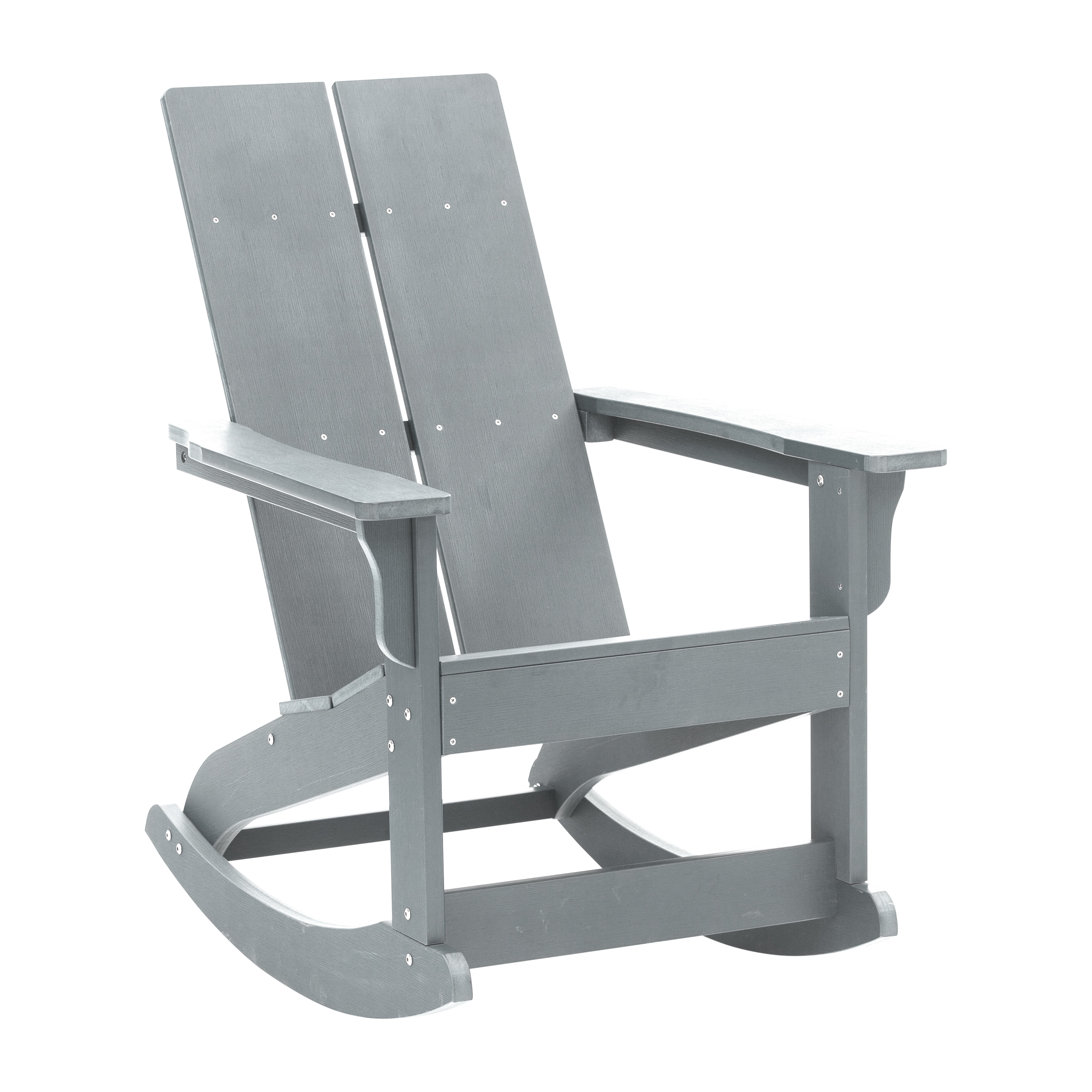 Flash Furniture 840196338262 Finn Modern Commercial Grade All-Weather 2-Slat Poly Resin Wood Rocking Adirondack Chair with Rust Resistant Stainless Steel Hardware in Gray