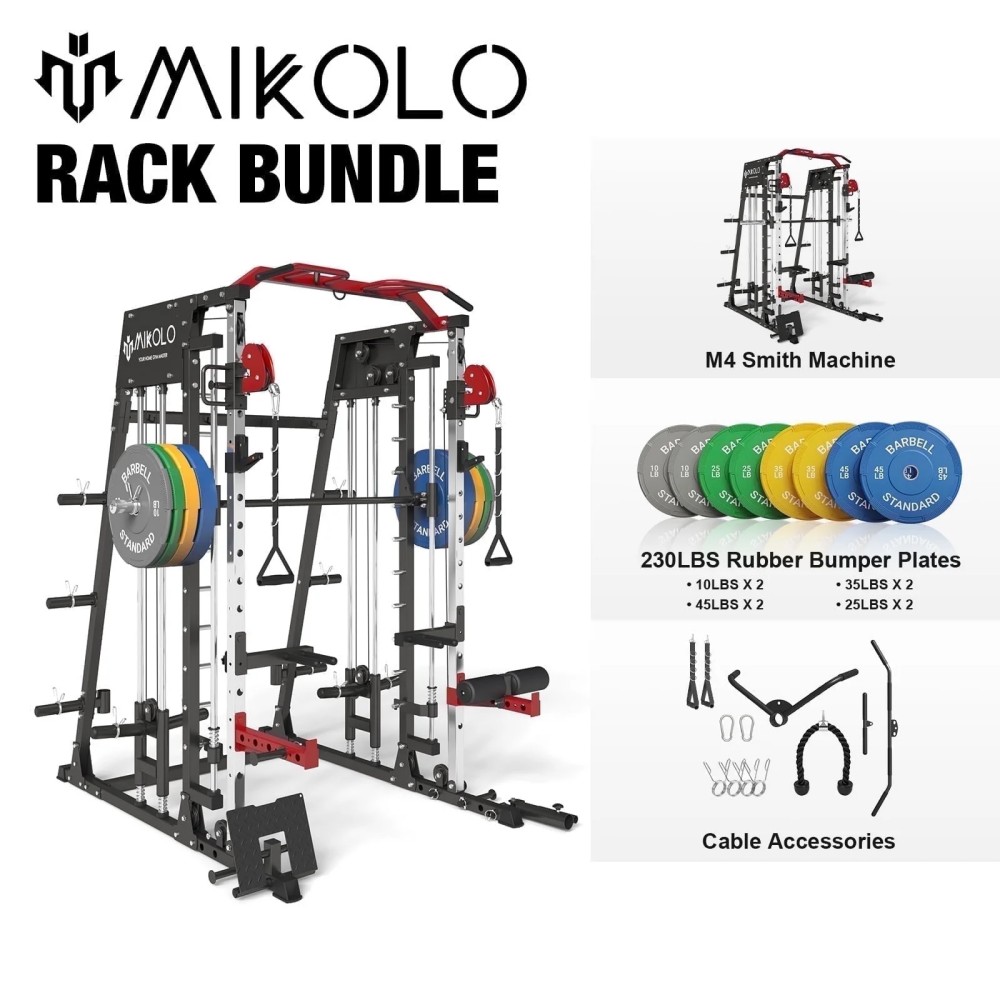 Mikolo M-M4-R-WP230 Smith Machine Home Gym- 2200 lbs Power Rack Cage with Cable Crossover- Weight Bar- 360° Landmine- Barbell Holders and Other Attachments- Total Body Strength Training Cage