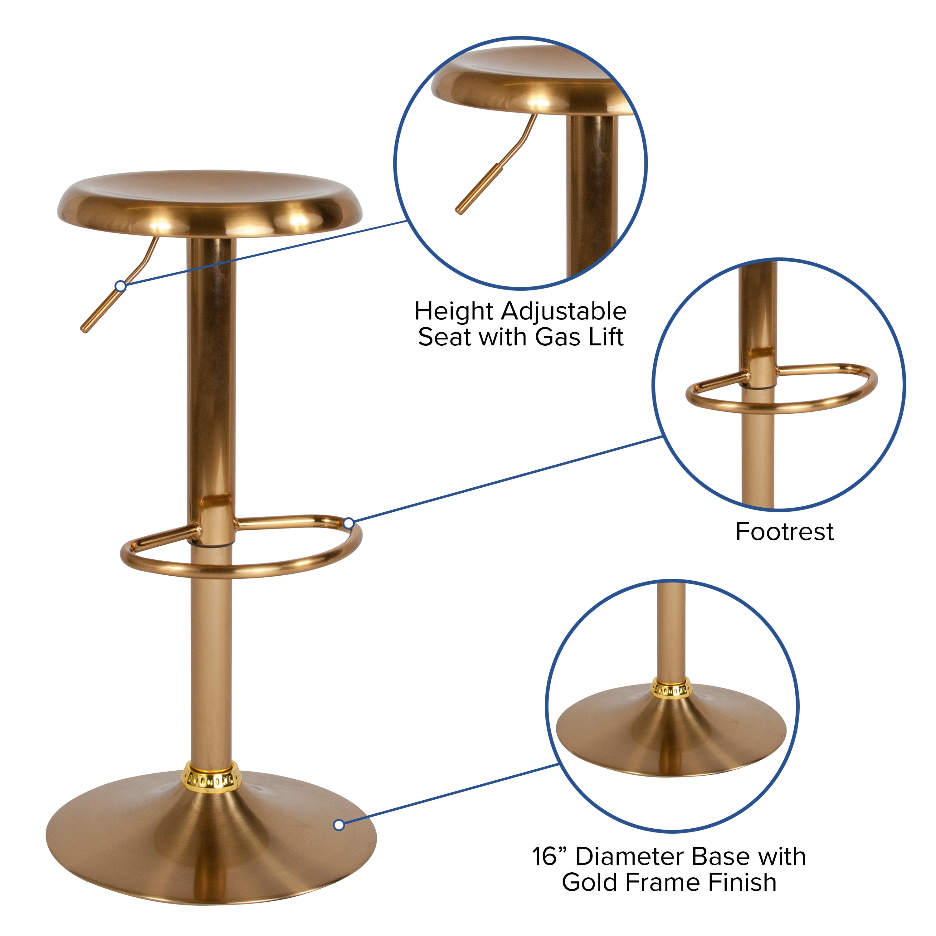 Gold Adjustable Swivel Backless Metal Barstool