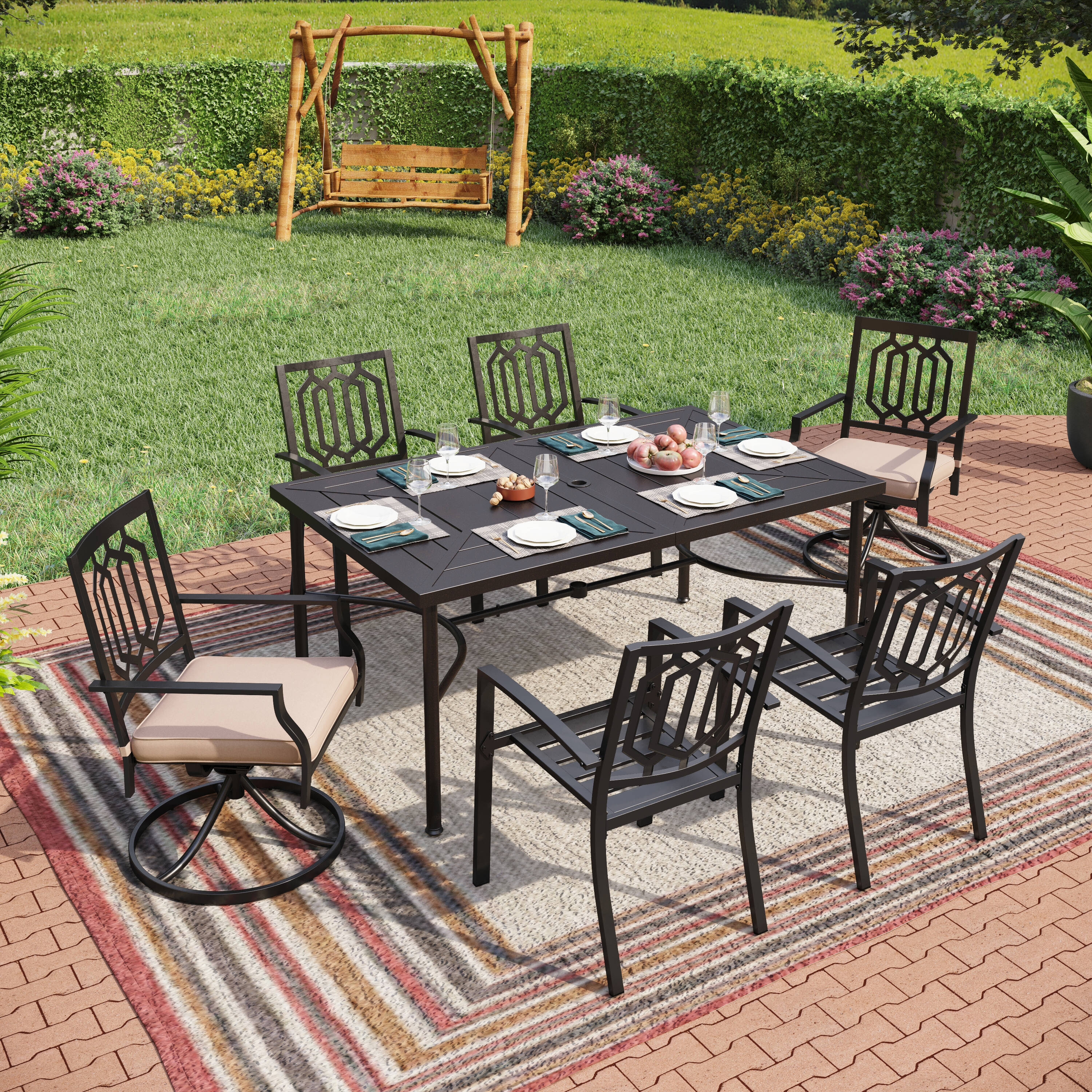 Sunshine Valley 7-Piece Black Patio Dining Set Steel Rectangle Table ...