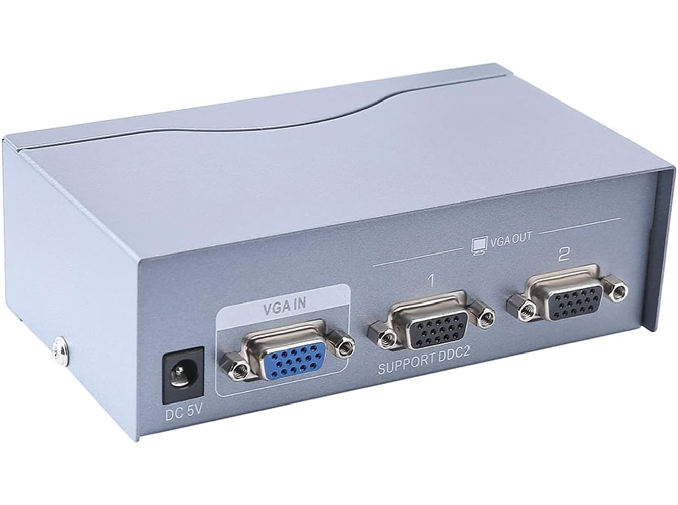 Etokfoks  2 Way VGA Splitter Amplifier Box High Resolution 1080p SVGA Video 1 in 2 Out 250 MHz Dual Monitor Compact Metal Housing