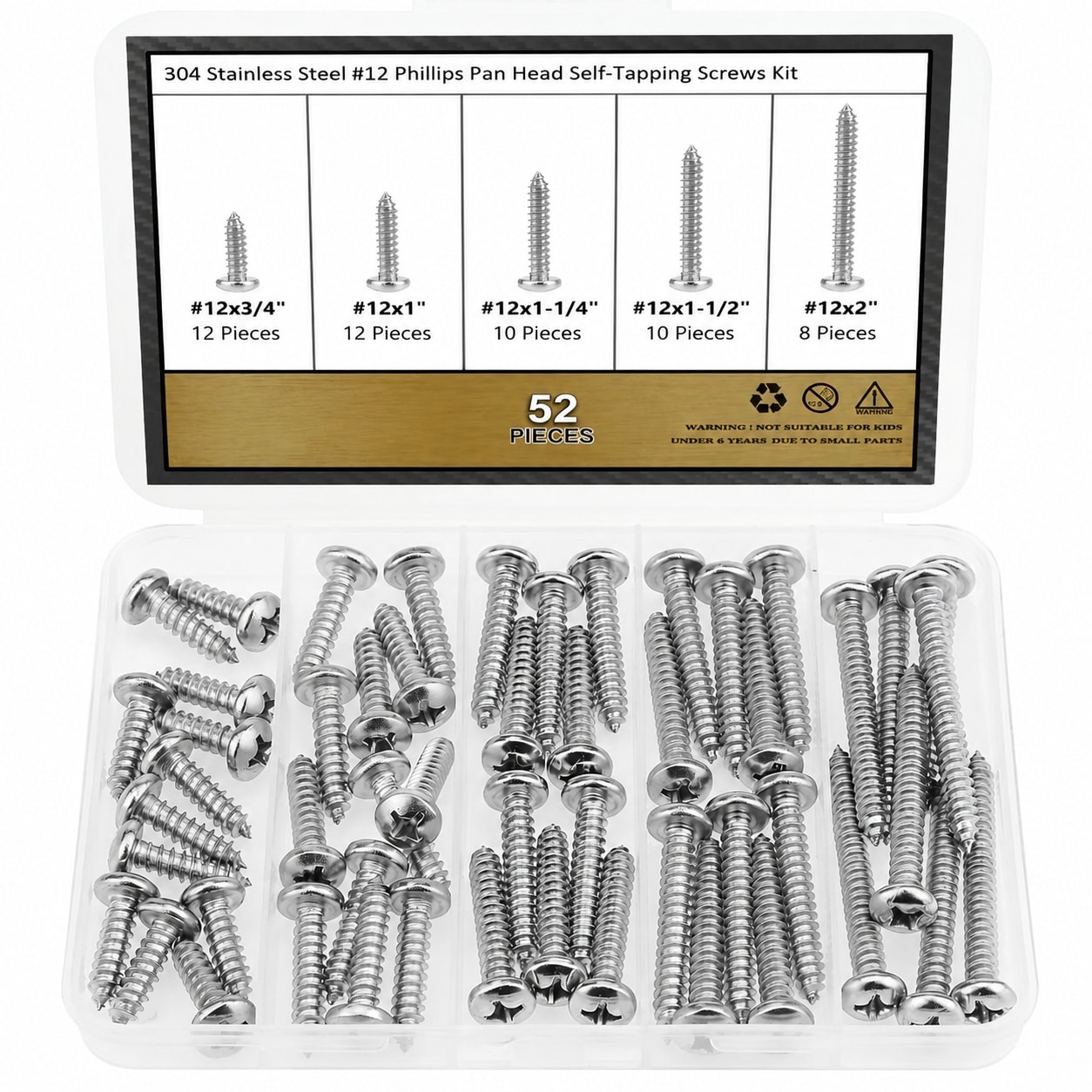 JVFCXXV  52 Piece Phillips Pan Head Self Tapping Wood Screws Assortment Kit 304 Stainless Steel Various Lengths durable home and garden