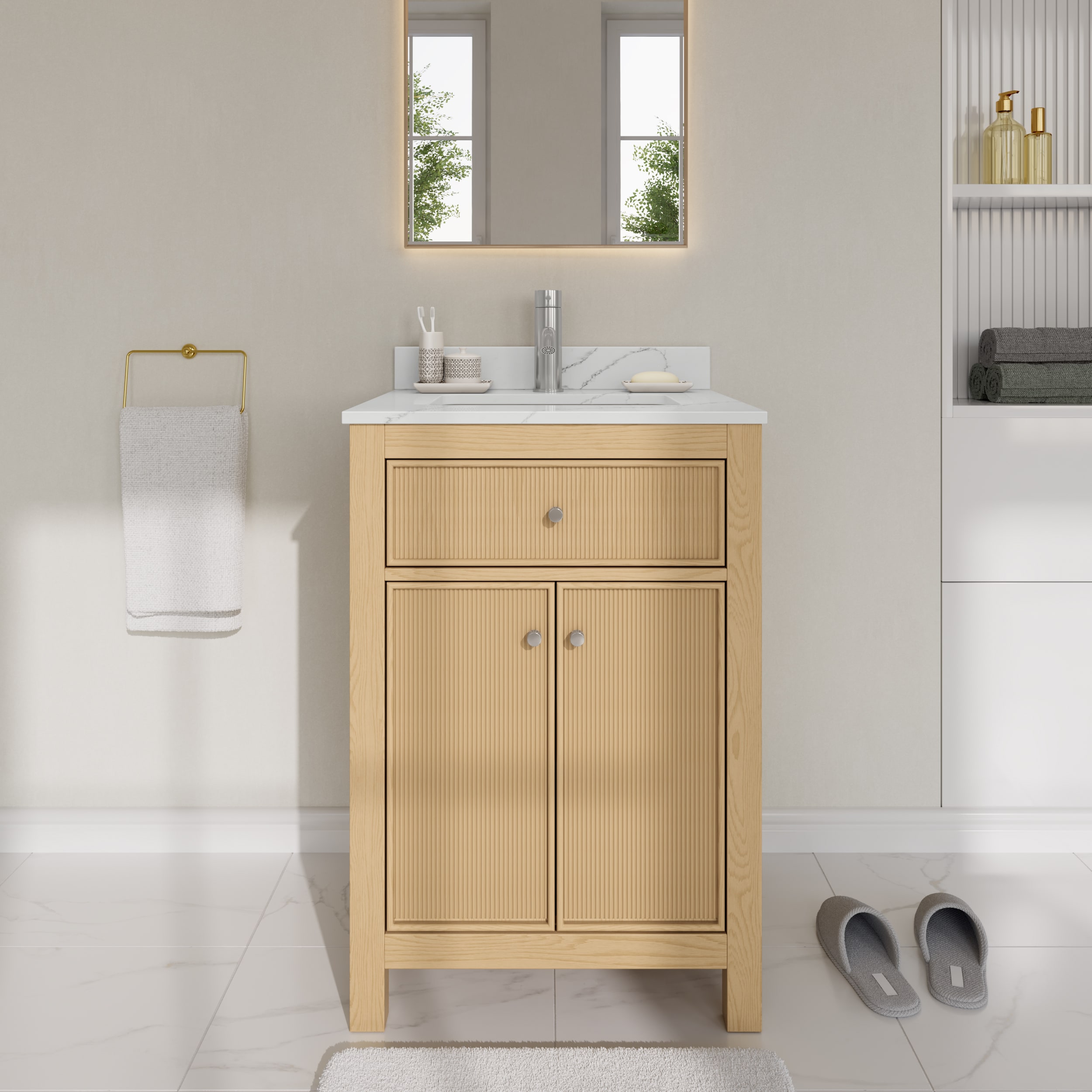 Wyndham Collection WCF929224STOGTUNSMXX Pendry 24-in Tanned Oak with Brushed Nickel Trim Undermount Single Sink Bathroom Vanity with Giotto Quartz Quartz Top