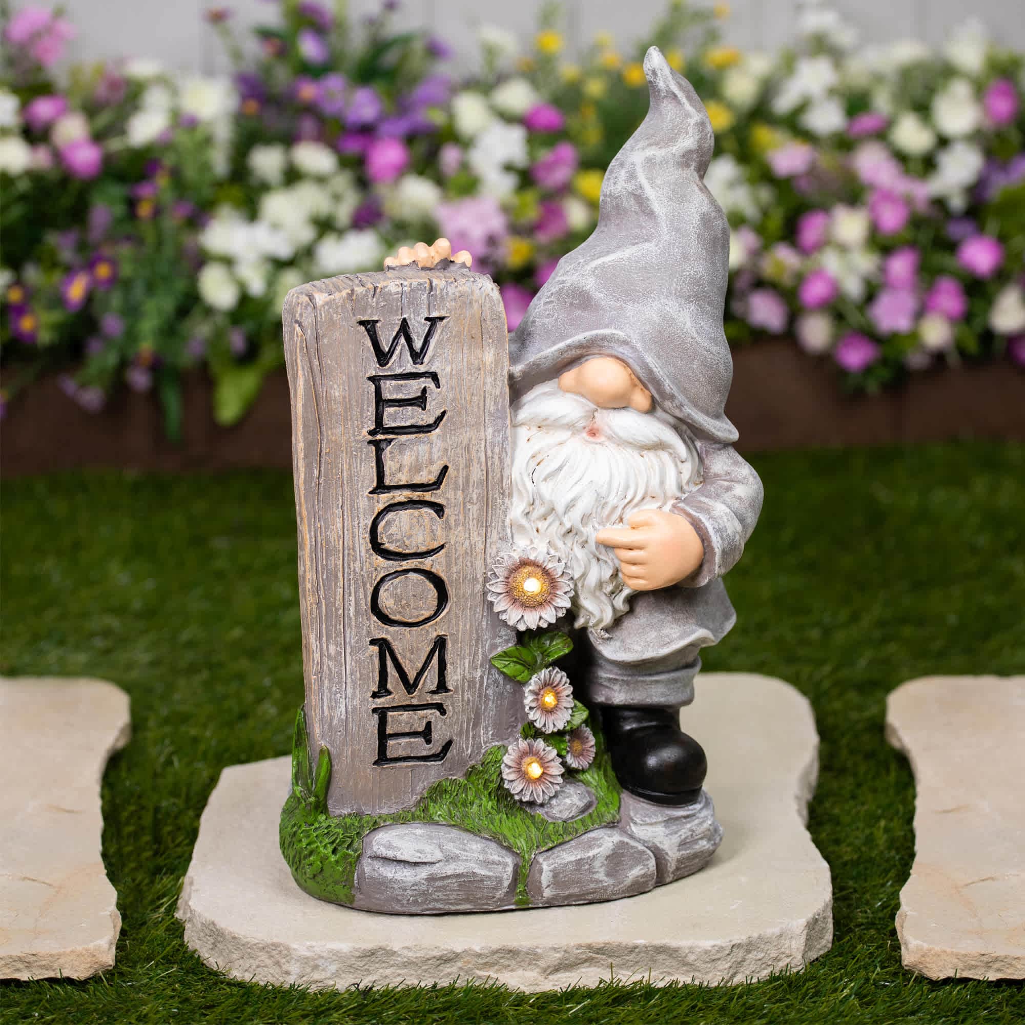 LED Solar Lighted Gnome Welcome Outdoor Garden Statue - 15.5 inch