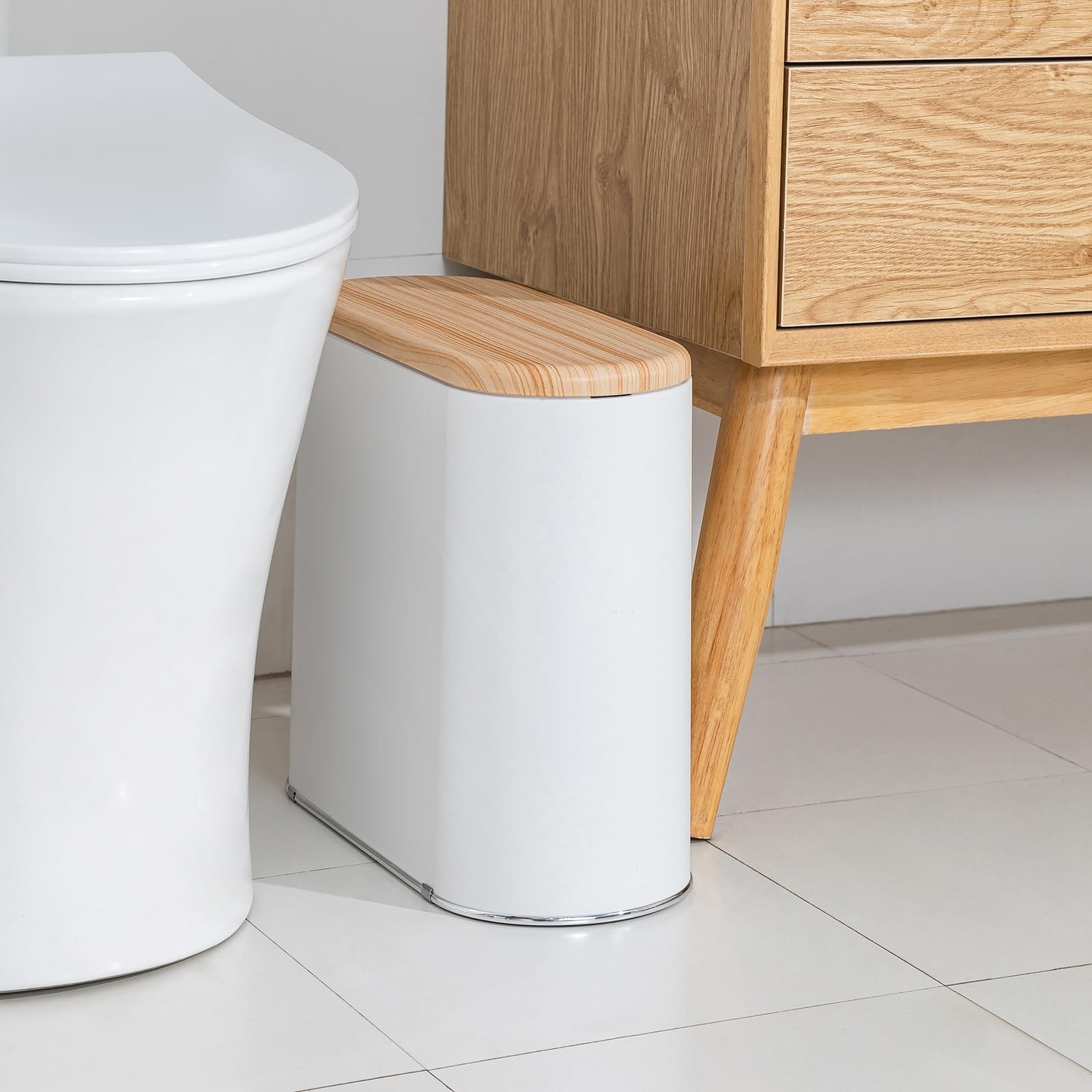 Vrbgify  2.6 Gallon Slim White Plastic Trash Can with Removable Lid and Inner Bucket Odor and Pet Proof Wastebasket for Bathroom Kitchen Bedroom 1 Piece