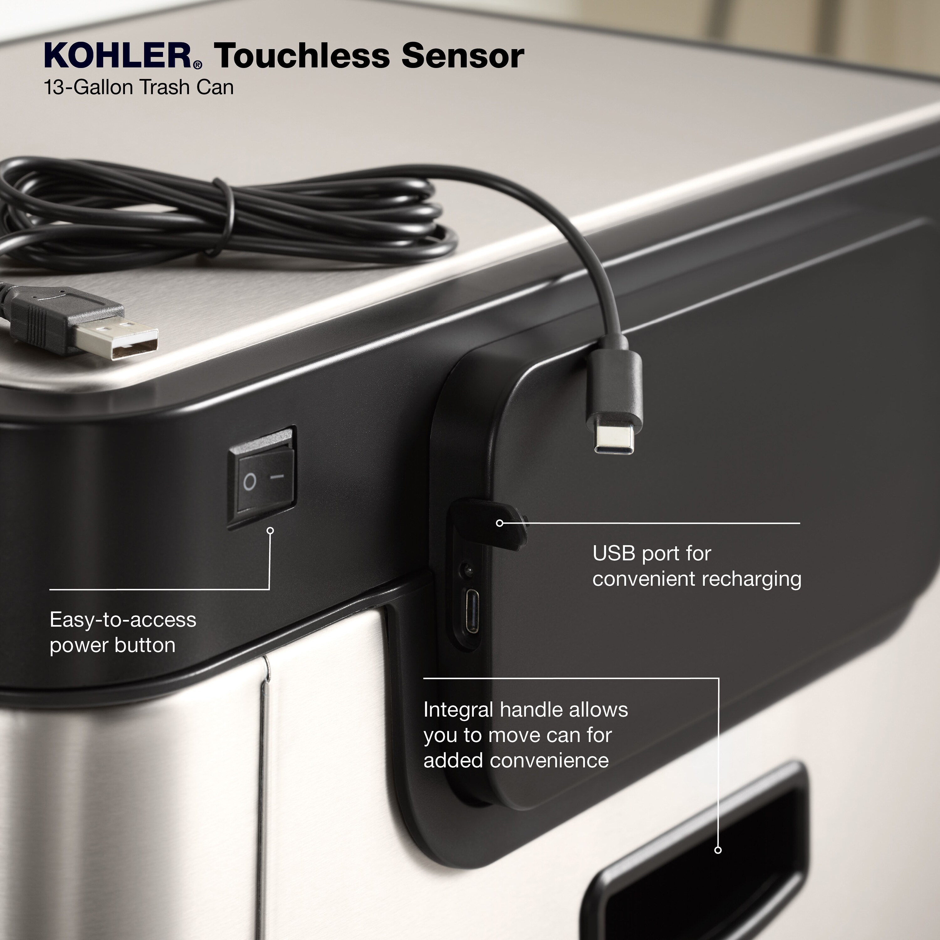 KOHLER 23826-ST 13 Gallon Elongated Hands-Free Step Can, Trash Can with  Soft-Close and Foot Pedal, Quiet Close Lid, Stainless Steel