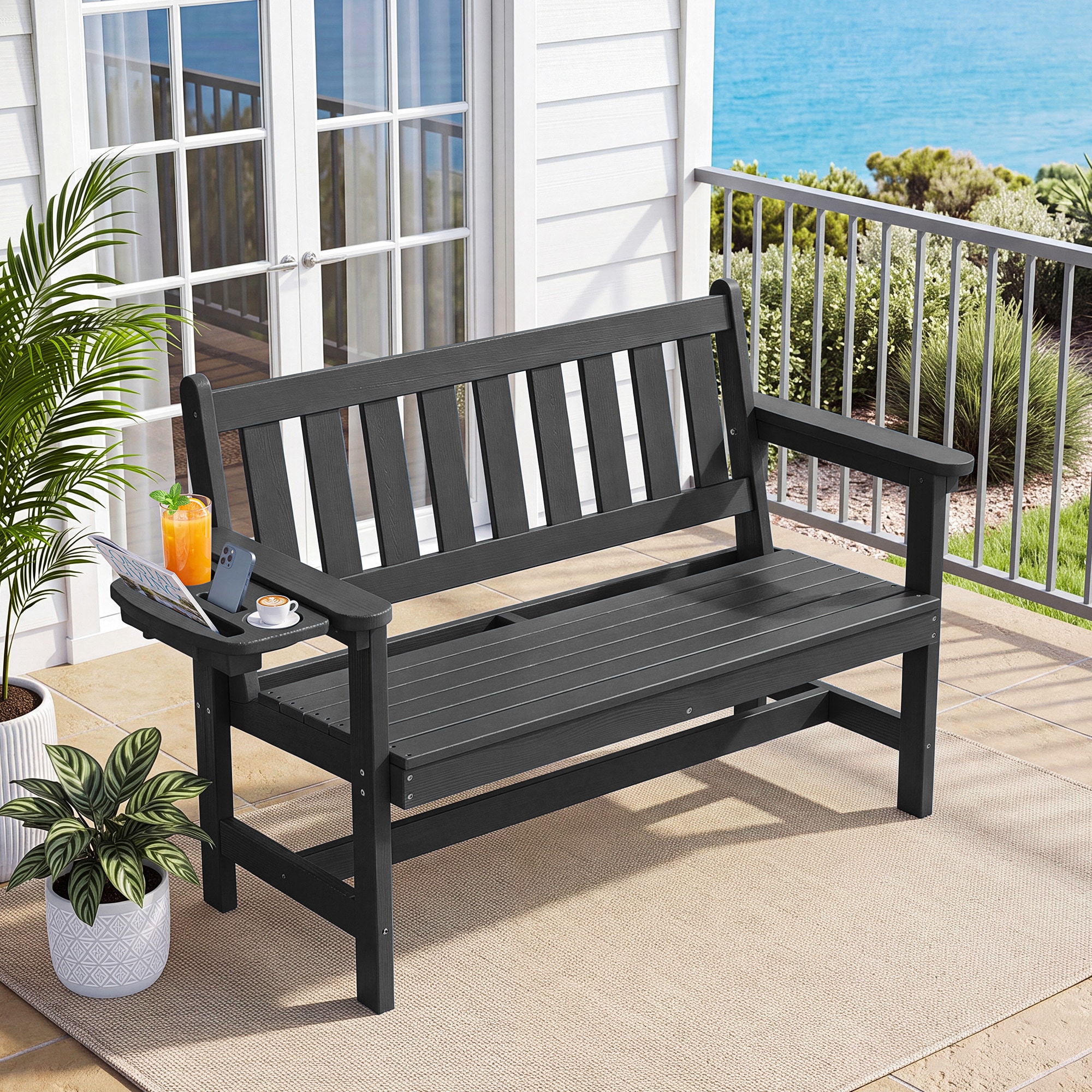 JEAREY - Outdoor 2-Person Garden Bench with Side Holder 49.41-in W x 35.04-in H Carbon Gray HDPE ...