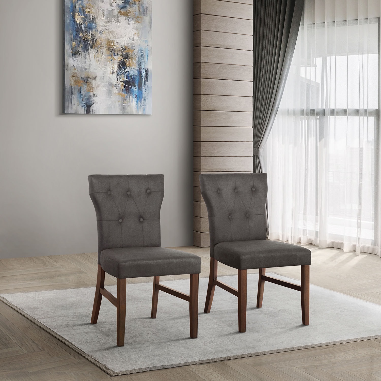 ChaletPosh C3084US-DGY-LN-BN-2X Brown Wooden Dining Chair with Dark Grey Linen Cover