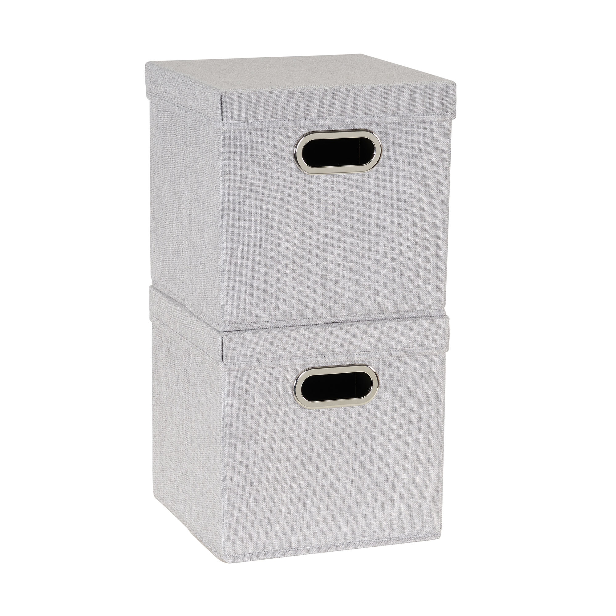 Household Essentials Storage Bins with Lids and Chromed Grommet Handles Set of 2 Light Gray Textured Linen Look Fits Standard Cube Shelves #HH804-1