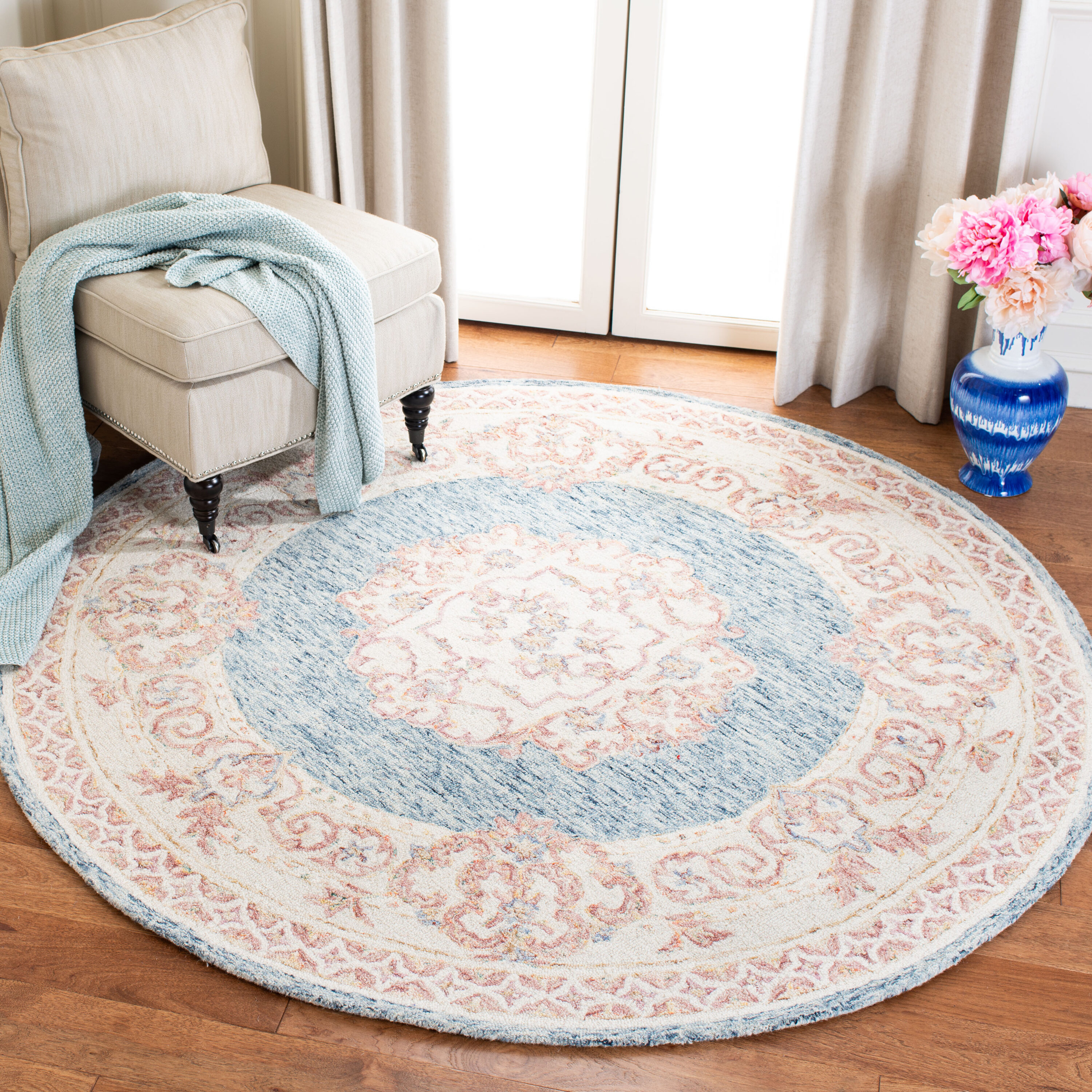  Aubusson 101 Blue/Pink Traditional 6ft x 6ft Round Rug