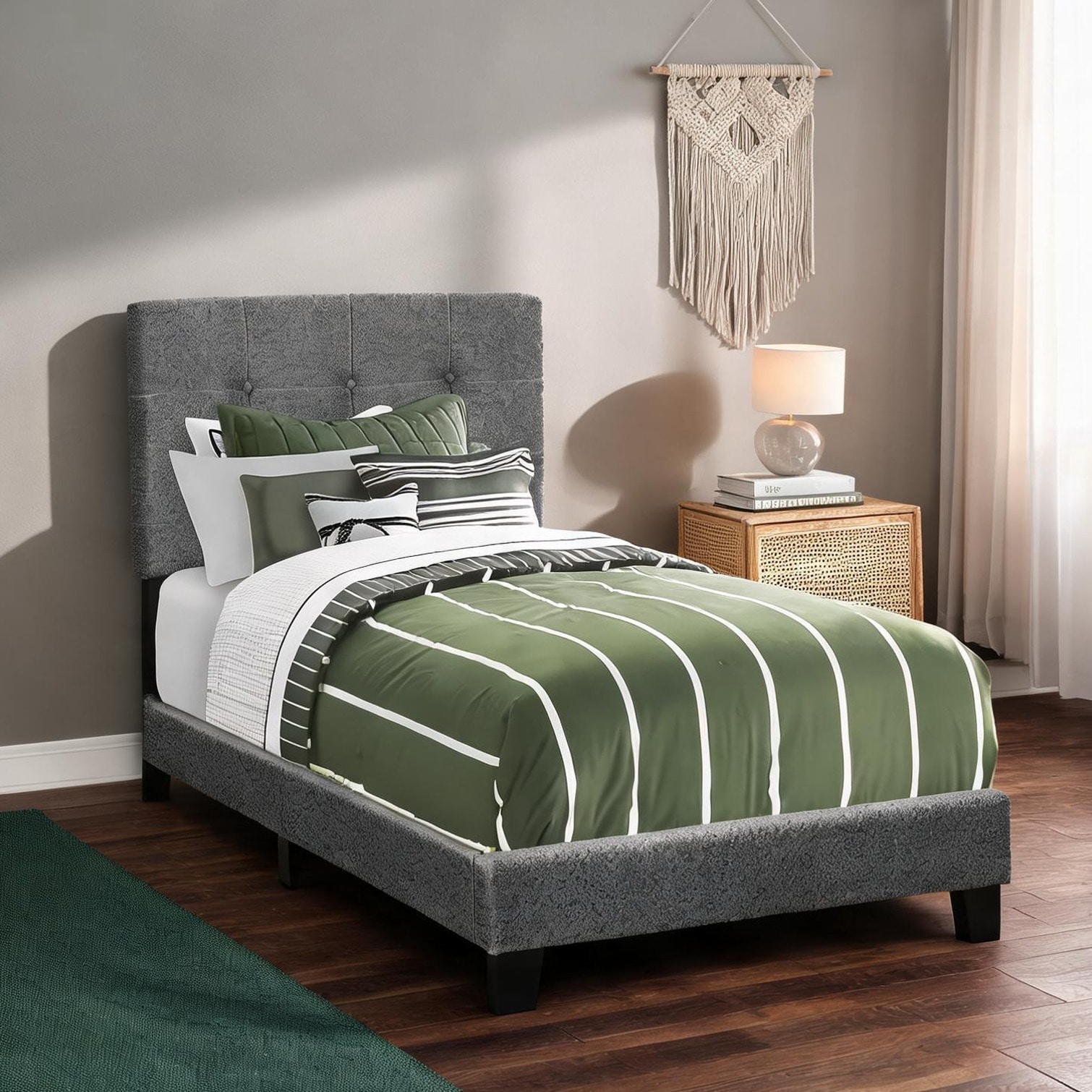 SunJet Upholstered Twin Bed Frame with Button-Tufted Headboard Slate Gray Boucle Low-Profile Transitional Style for Youth Bedrooms