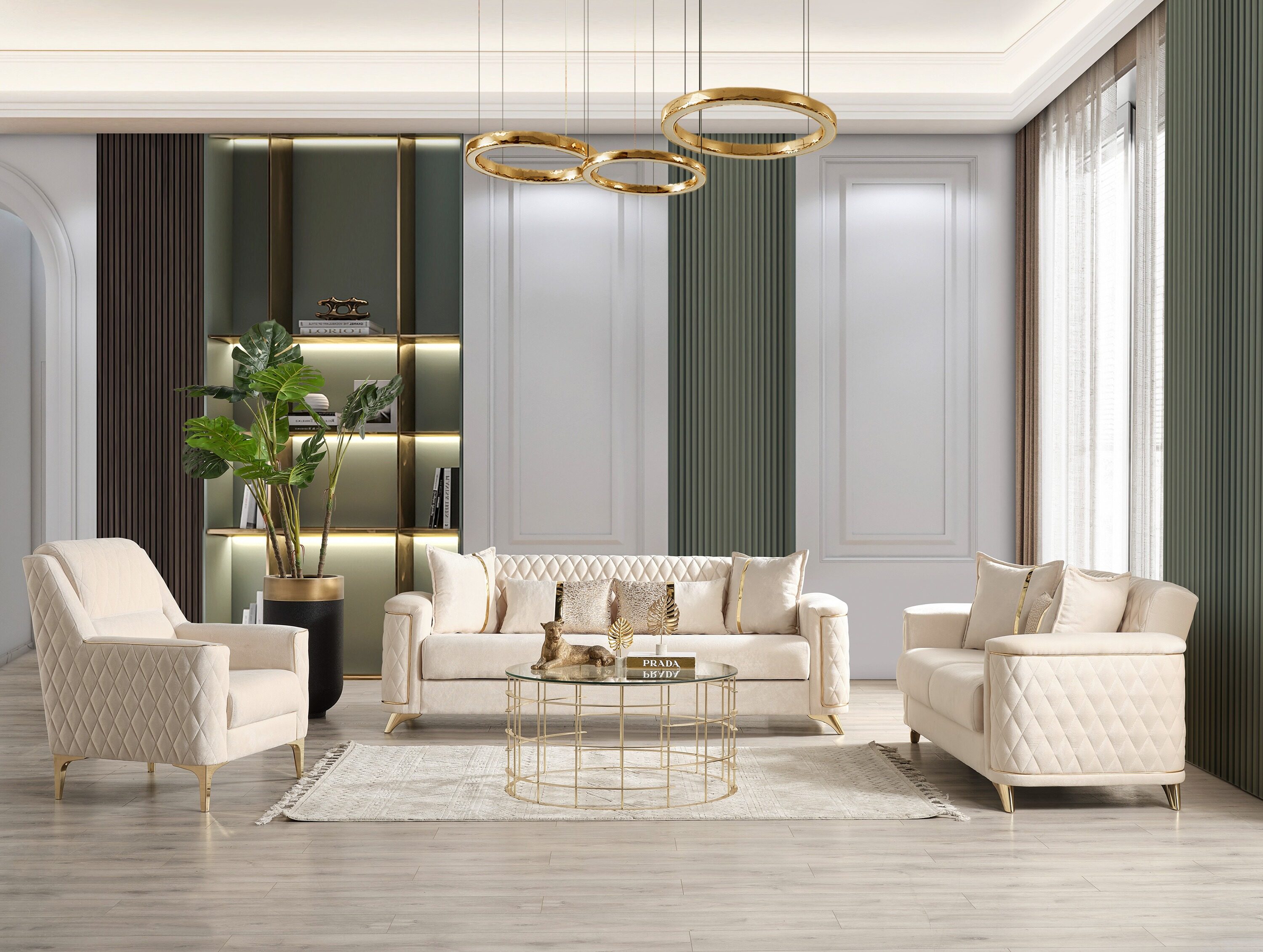 Galaxy 601955551991 Luna Modern 5 -Piece Velvet Ivory Living Room Set