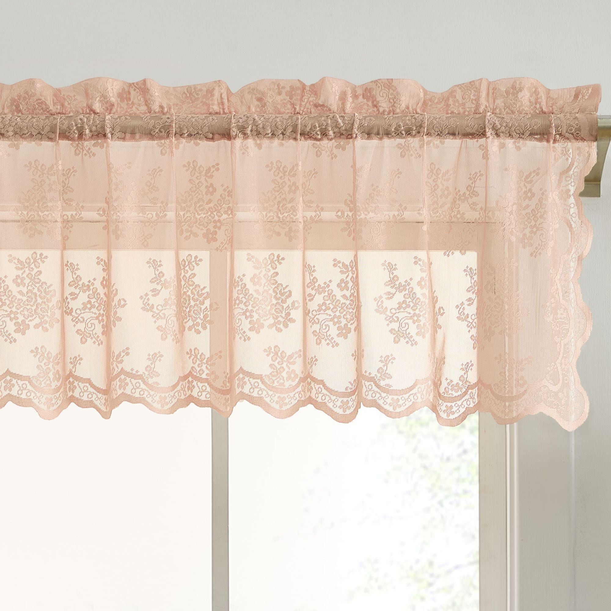 HLC.me JLN-18-BLSH Jolene Floral Rod Pocket Lace Semi Sheer Short Valance for Small Windows - Kitchen and Bathroom