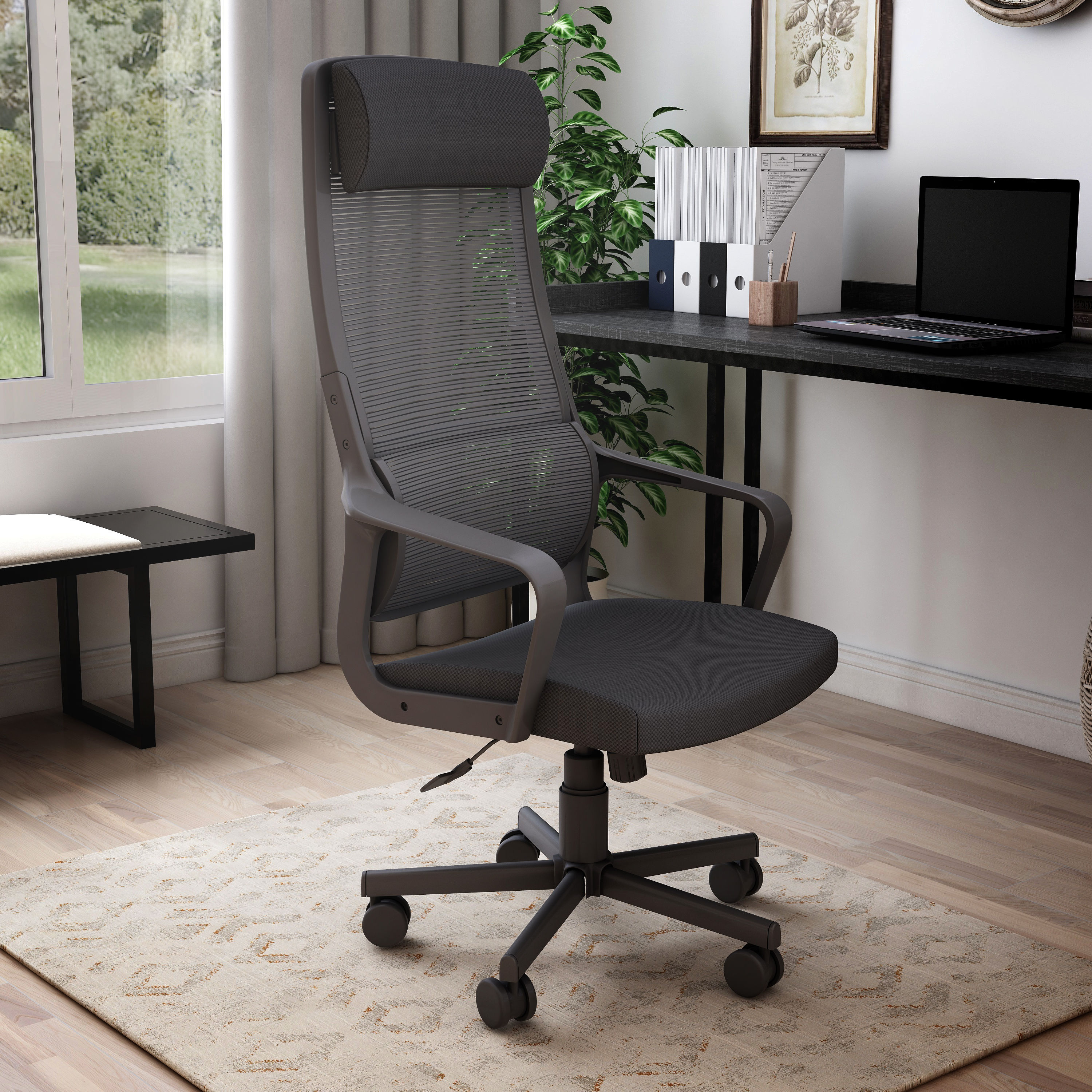 Furniture of America IDF-6030-BK Schmid Black Contemporary Ergonomic Adjustable Height Swivel Polyester Headrest Chair