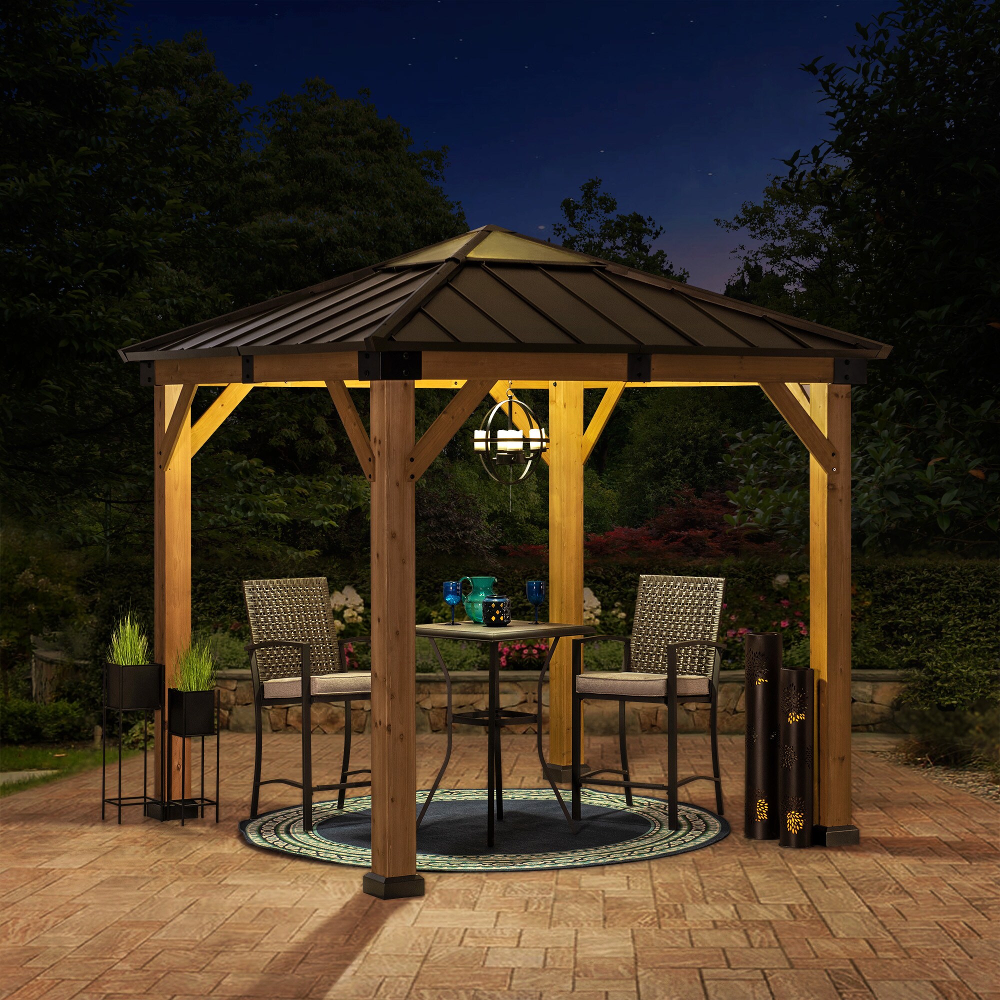 Sunjoy 9-ft X 9-ft Square Cedar Wood Steel Roof Gazebo In The Gazebos ...