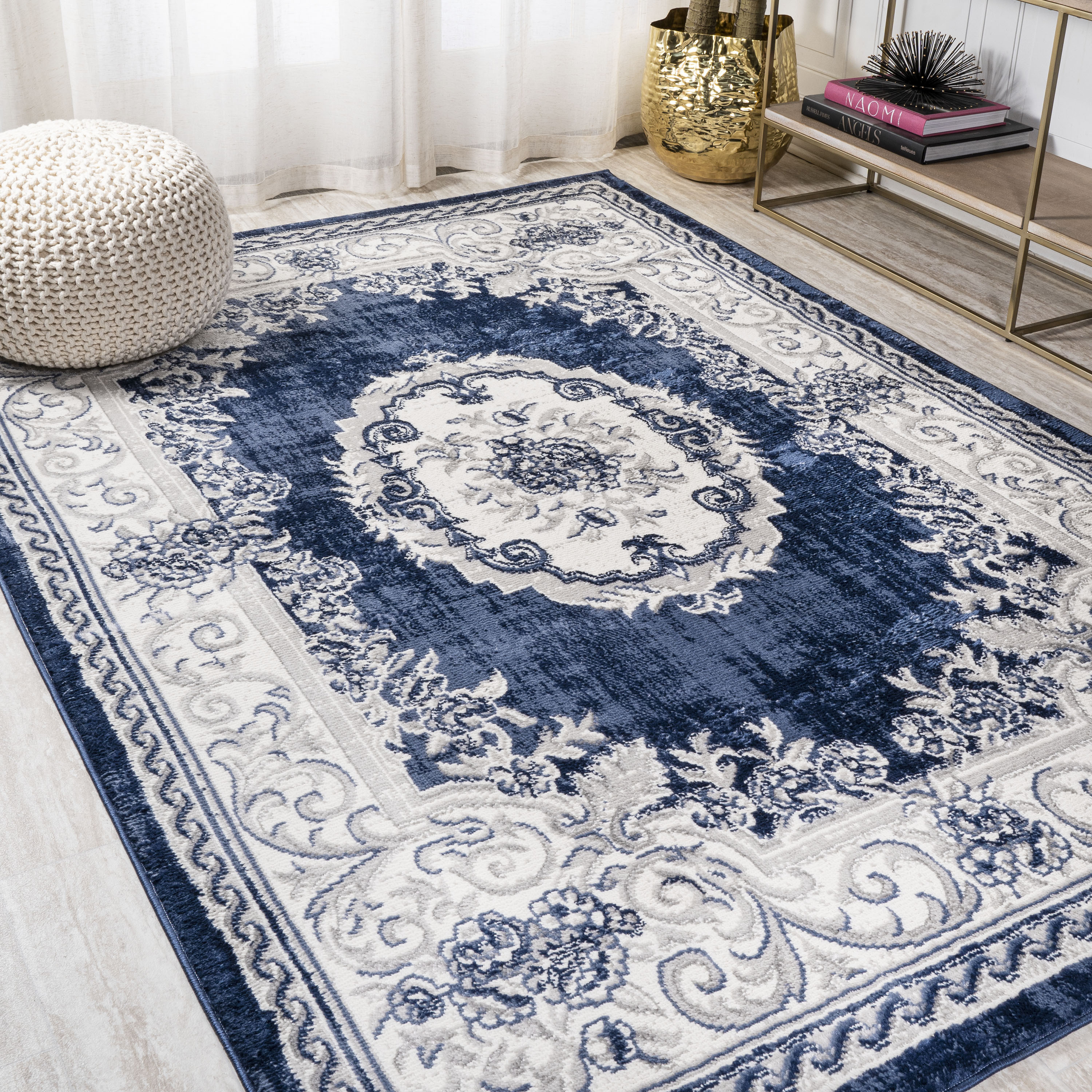 JONATHAN Y 8 x 10 Ivory/Navy Indoor Border Oriental Area Rug in the ...