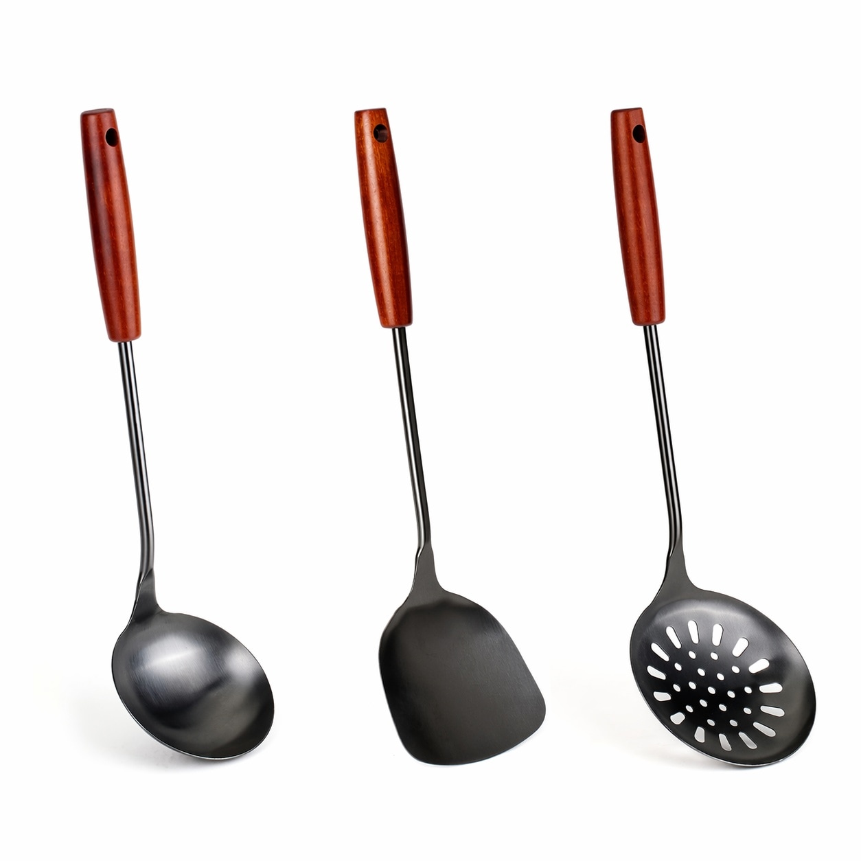 AOIZGMY  Wok Spatula and Ladle Set 17 Inch Stainless Steel Cooking Utensils with Black Plating Wooden Handles Dishwasher Safe Heat Resistant