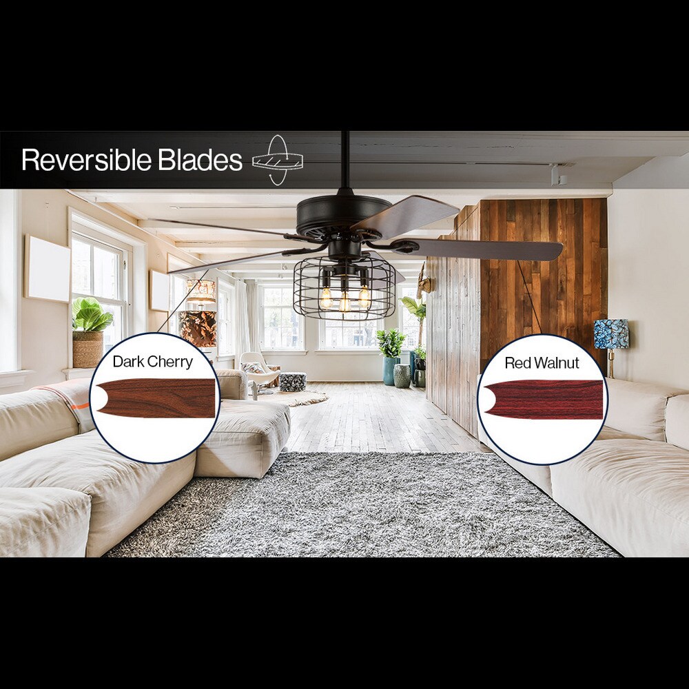 JONATHAN Y Asher Industrial Metal/Wood 52-in Forged Black with Walnut/Red walnut Blades Ceiling Fan With Light - Remote Included ( 5 -Blade )