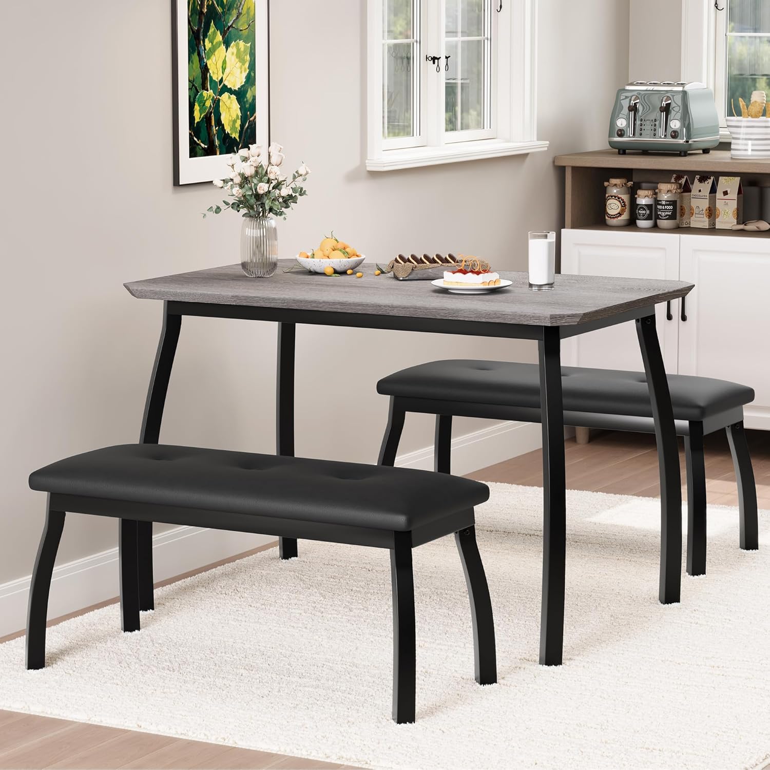 Garvee 3 Piece Dining Table Set for 4 with 2 Upholstered Benches Space ...