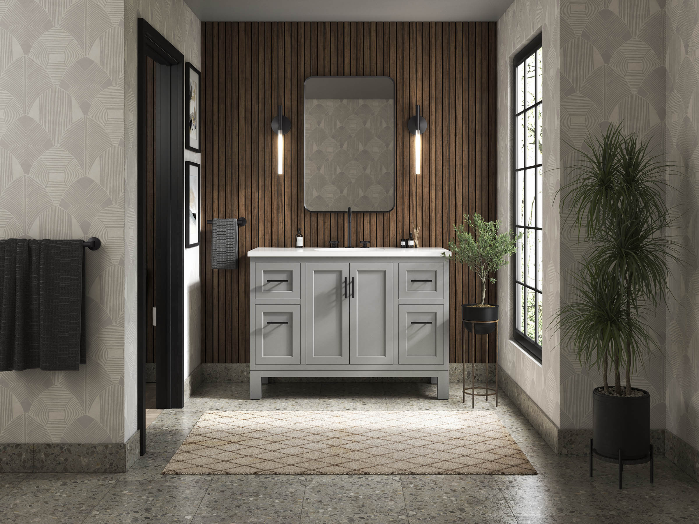 KOHLER 28383-ASB-1WT Quo 48-in Mohair Grey Undermount Single Sink Bathroom Vanity with White Quartz Top