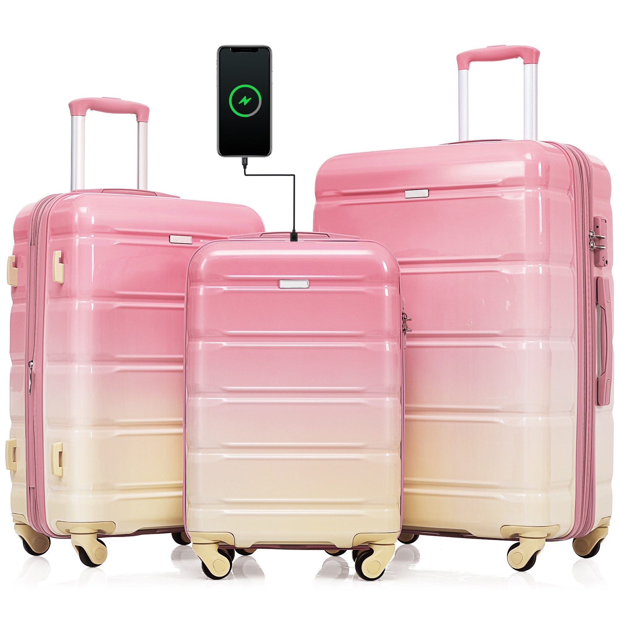 LUXEYARD Luggage Set of 3 20 Inch with USB Port Airline Certified Carry on Luggage ABS PC Hard Shell Luggage Spinner Wheels Pink