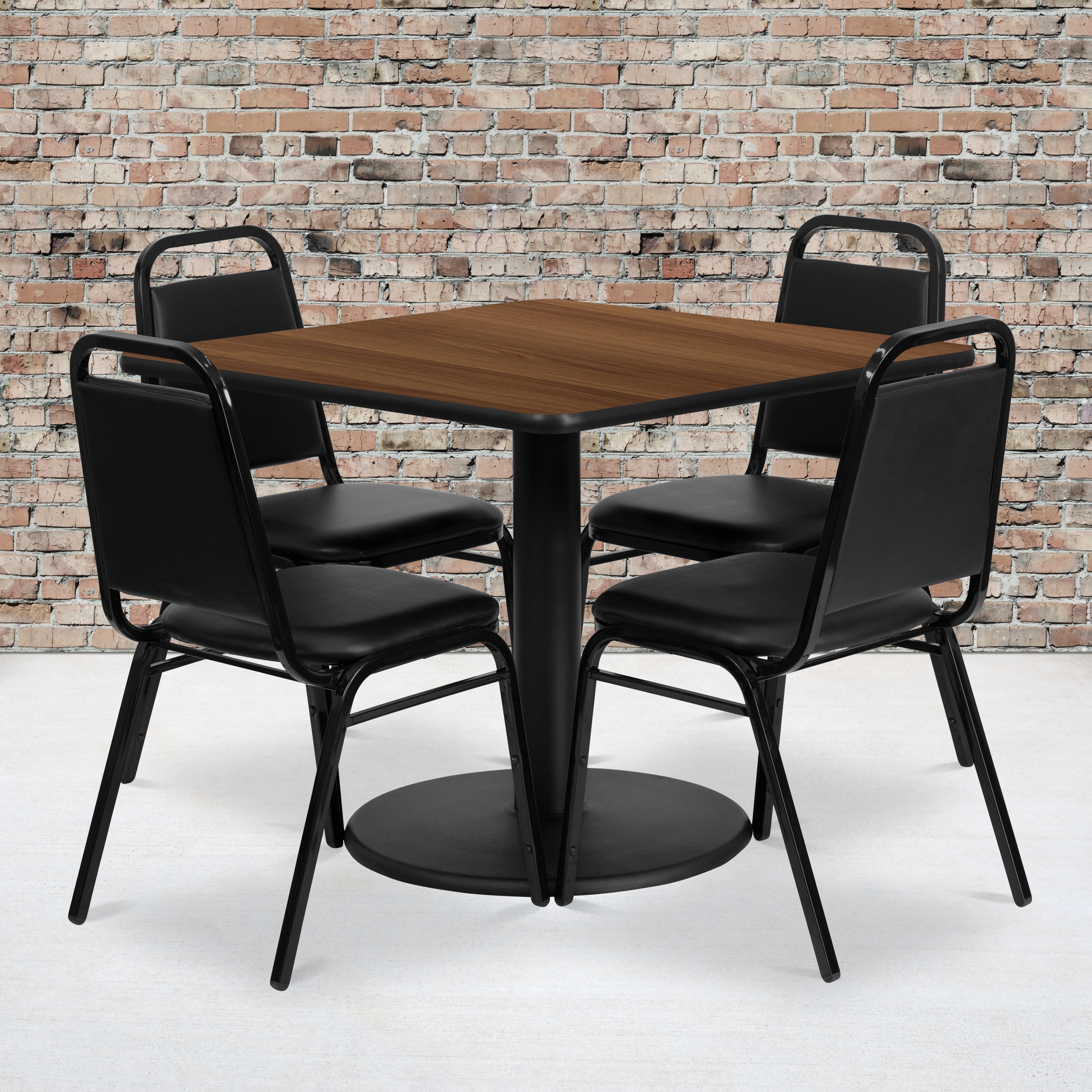 36'' Square Walnut Laminate Table with 4 Black Banquet Chairs