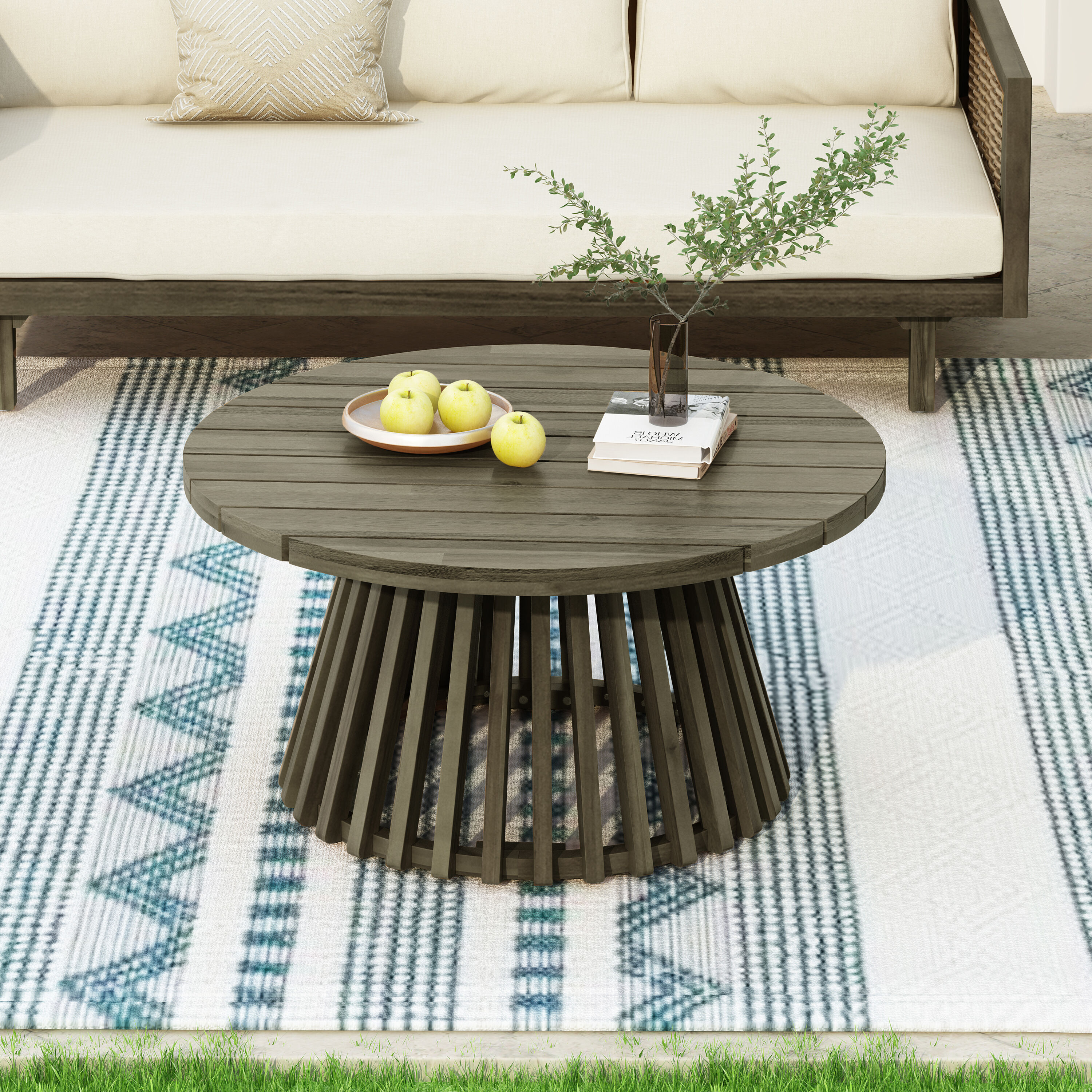 LOVMOR Outdoor Acacia Wood Patio Coffee Table Round Coffee Table for Backyard Lawn Balcony Grey Finish