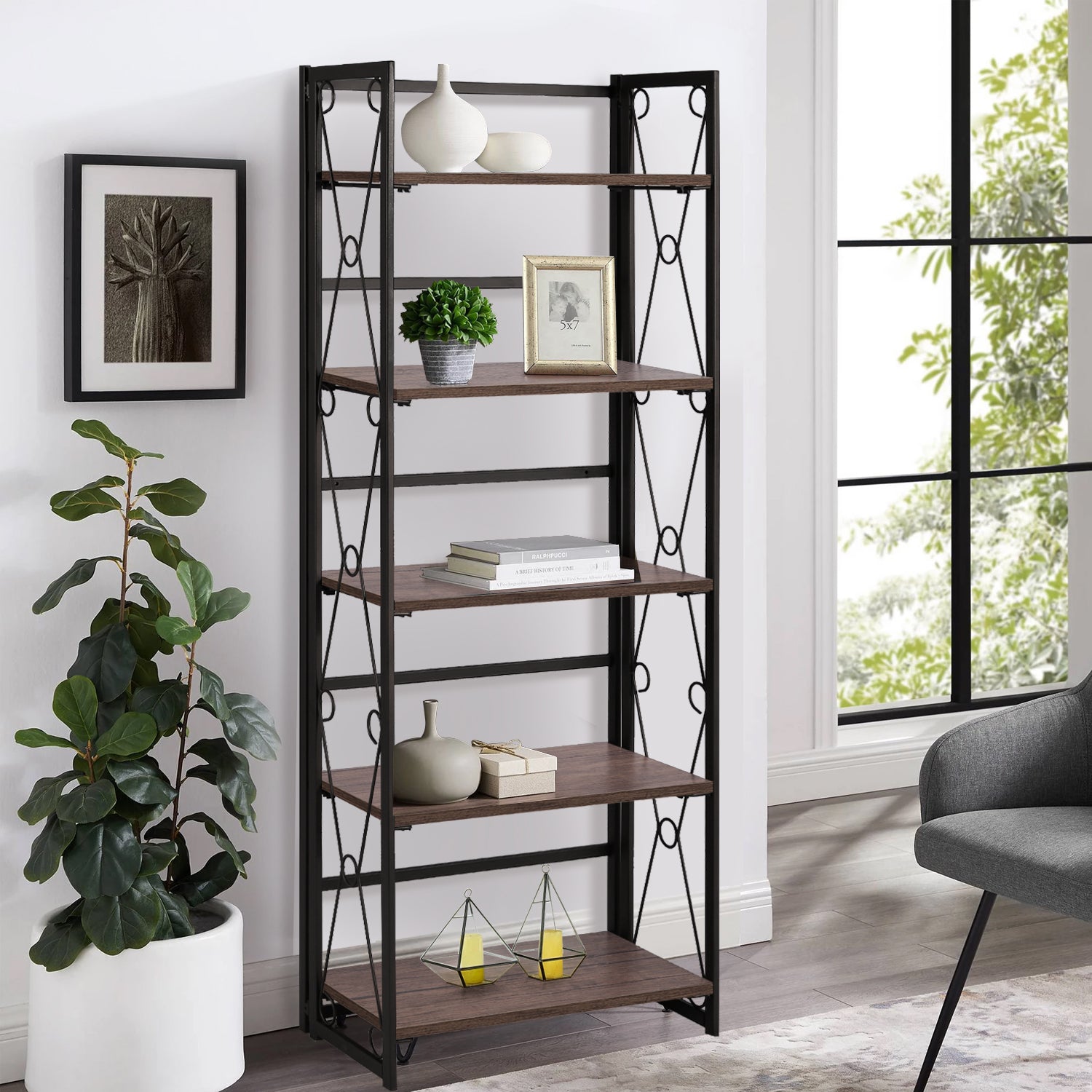 Vecelo LOE-XJM-B01-BRN 5 Shelf Folding Bookcase Metal Freestanding Folding Bookshelf Shelves Rack Organizer for Living Room Office Bedroom Kitchen No Assembly