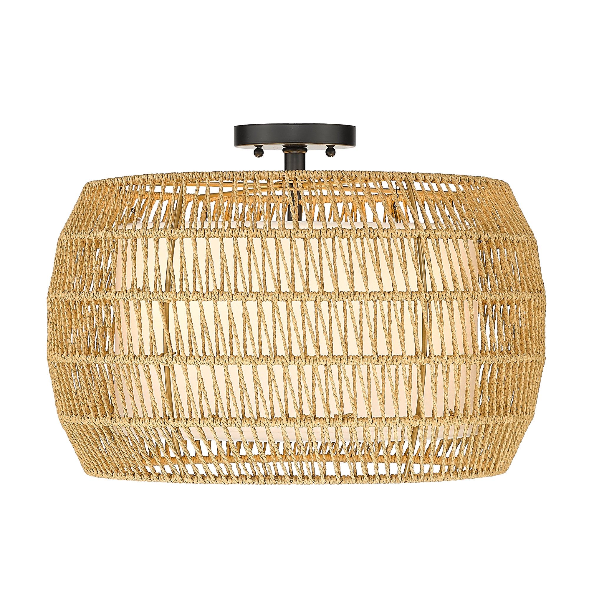 Matte Black and Natural Rattan Drum Semi-Flush Mount Light