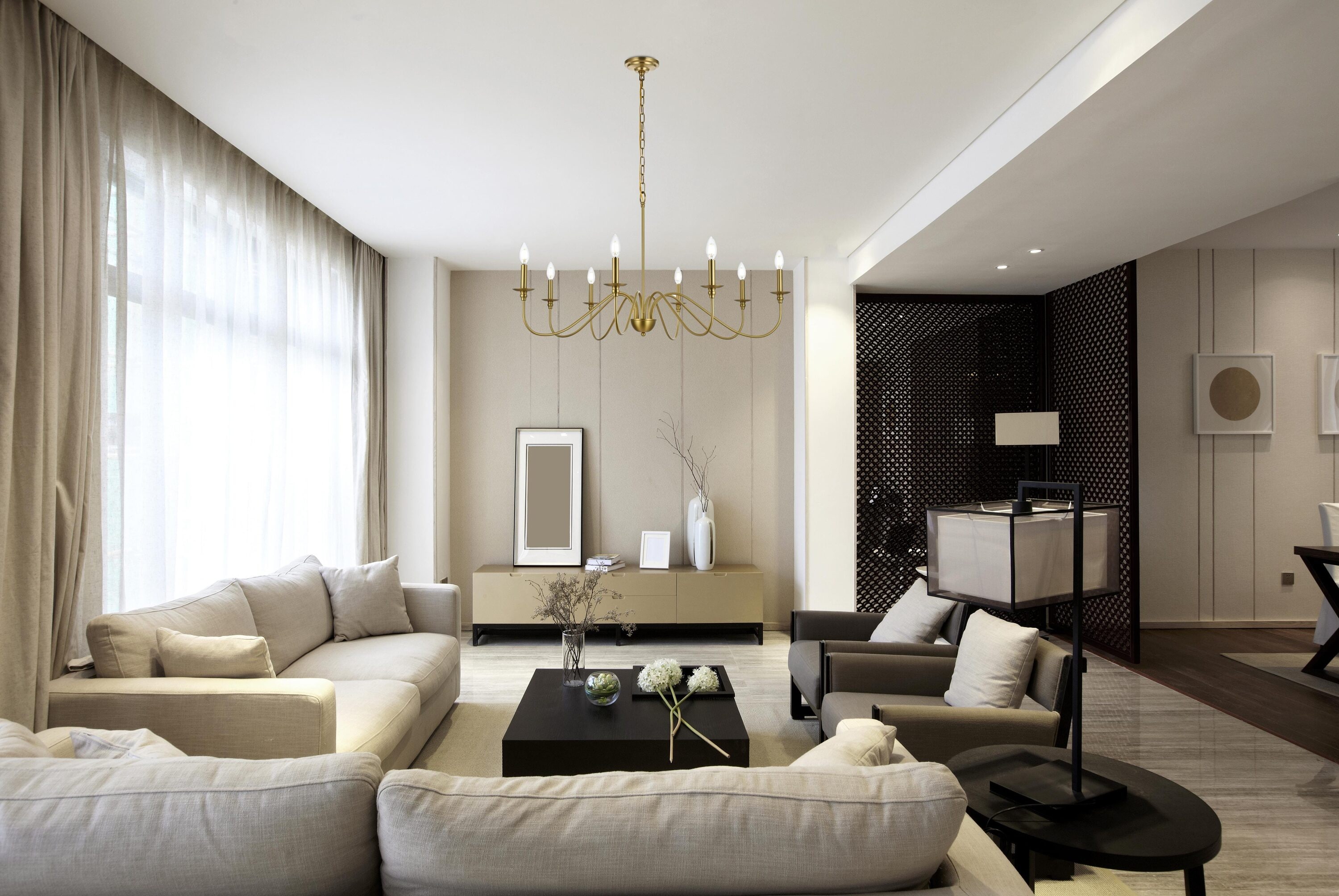 Satin Gold 42" 8-Light Metal Chandelier with Adjustable Chain