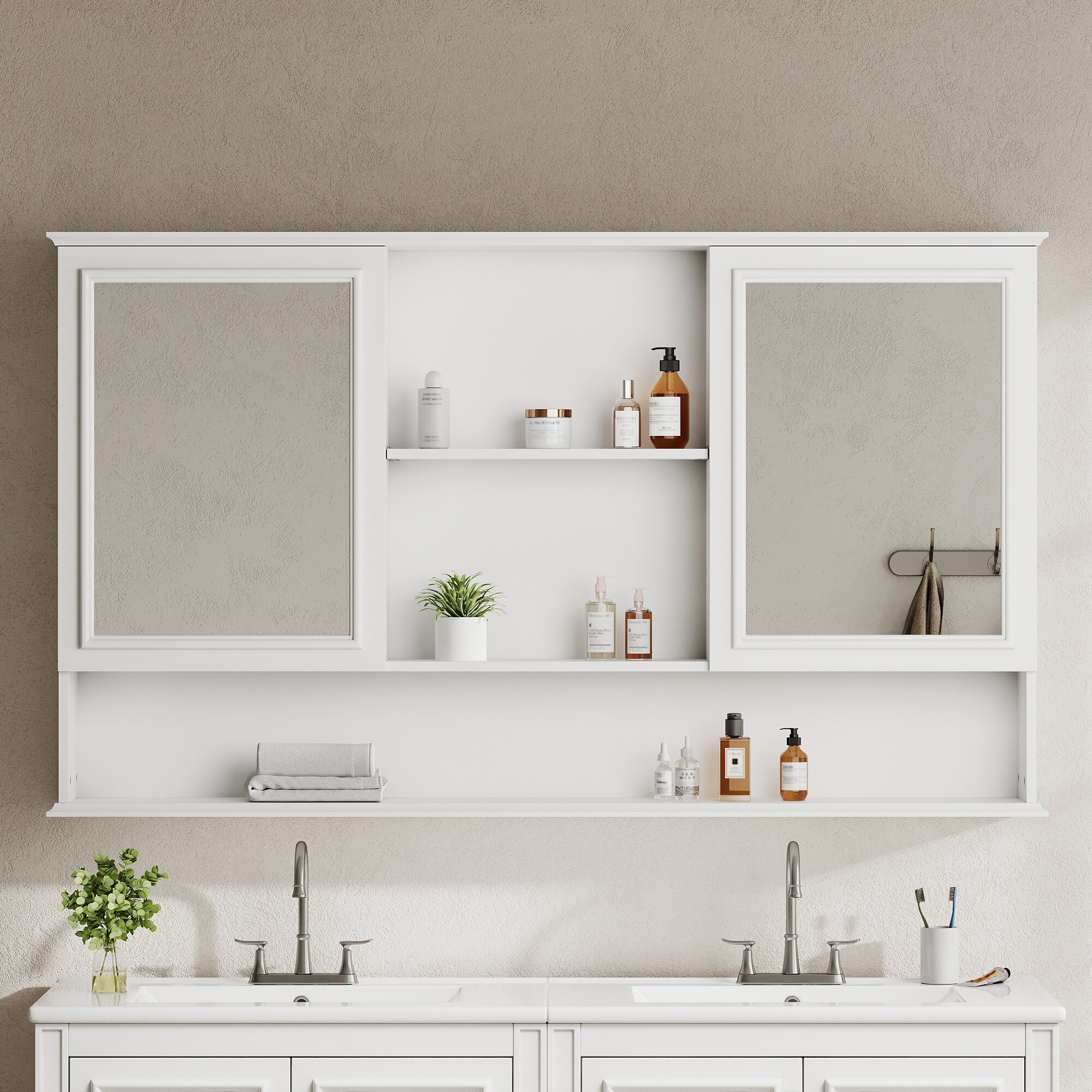 KWPZQEB 60-in x 35-in Surface Mount Bathroom Medicine Cabinet with Double Mirrored Doors Bathroom Wall Cabinet with Soft-Close Hinges-White