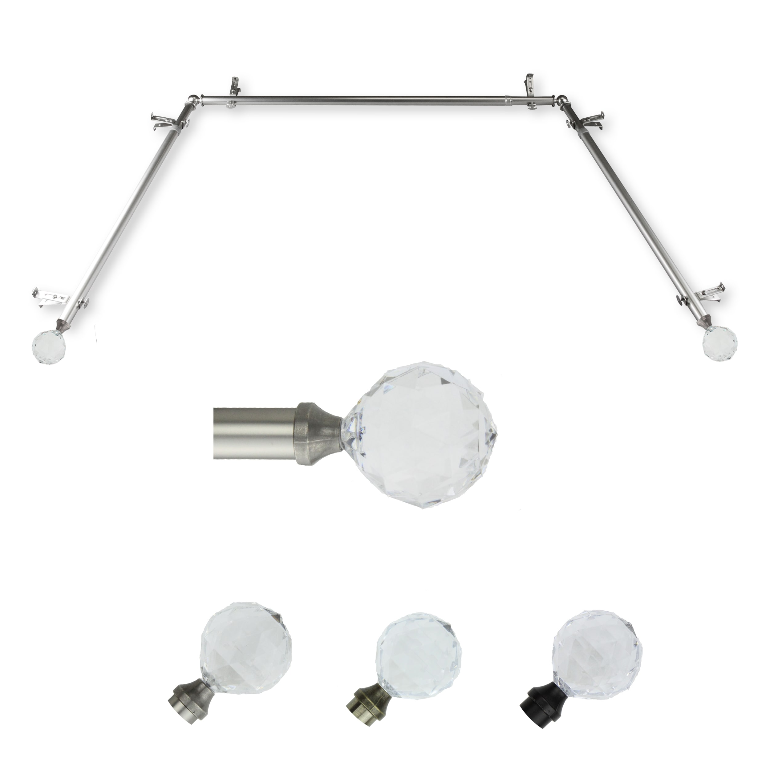Hart & Harlow LO-ABAY-57-5 72-in to 144-in Satin Nickel Steel Bay window curtain rod with Finials