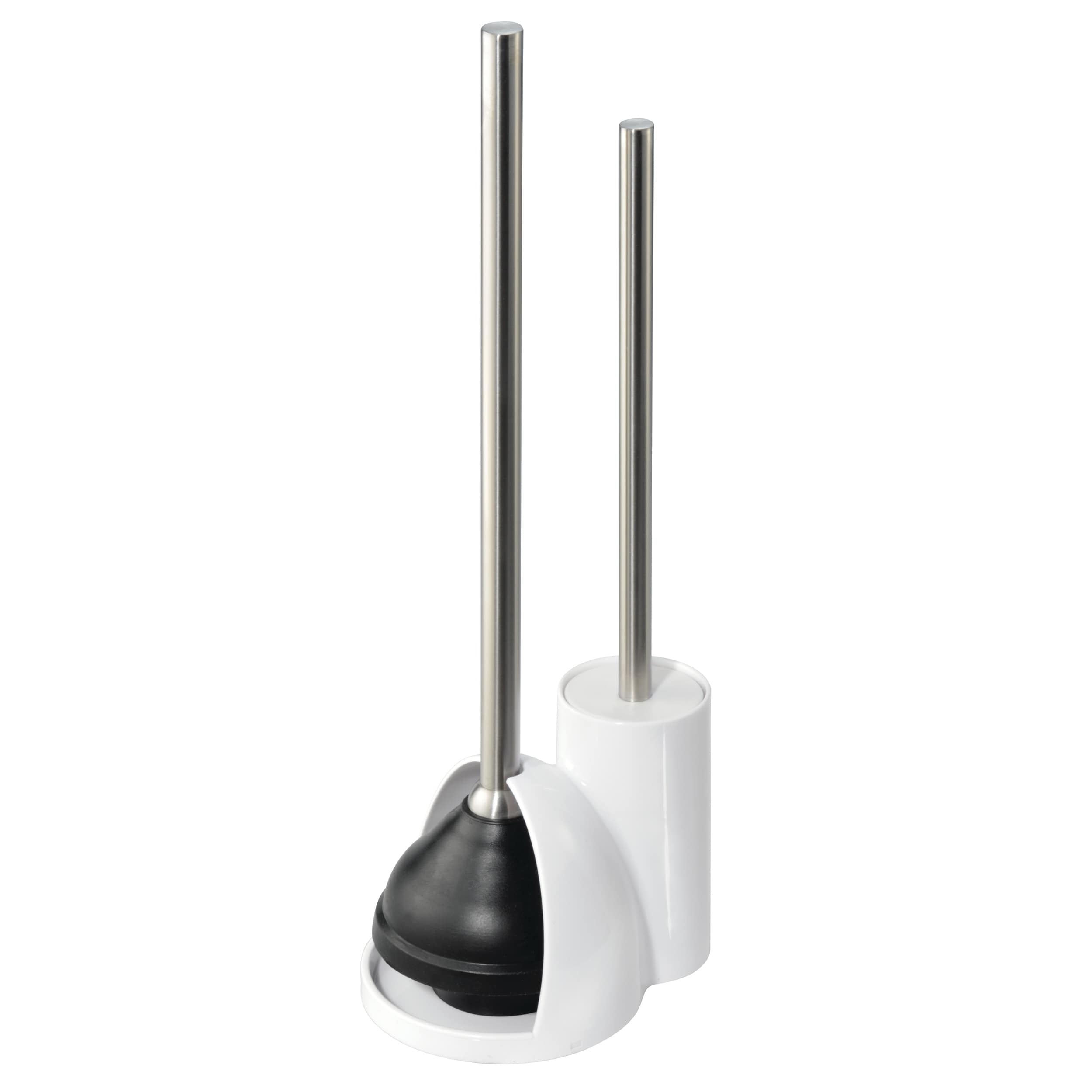 iDesign 92801 Toilet Bowl Brush and Plunger Set for Bathroom Storage - White/Brushed Stainless Steel