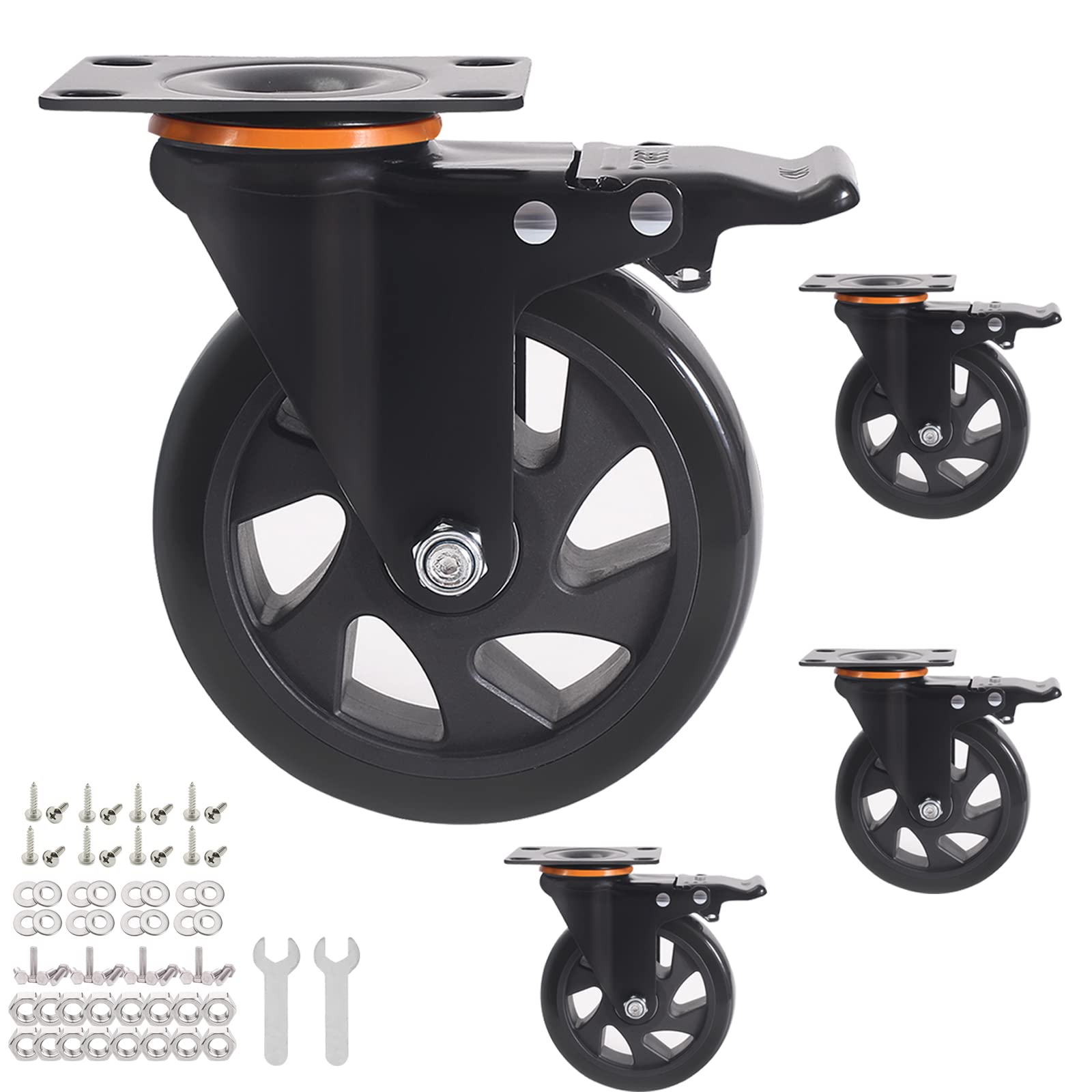CYIKE  5 Inch Caster Wheels 2400Lbs Castors Set of 4 Heavy Duty Casters with Brake Safety Dual Locking Industrial Casters No Noise Wheels with