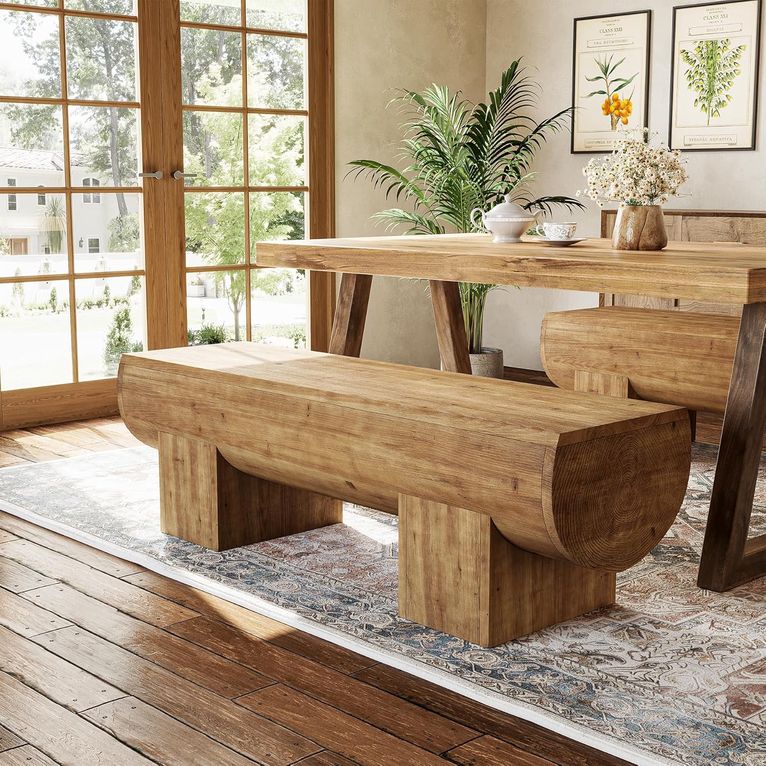 LITTLE TREE 47 Inch Farmhouse Brown Solid Wood Dining Bench Indoor Entryway Shoe Bench Kitchen Bench for Dining Room Living Room Hallway