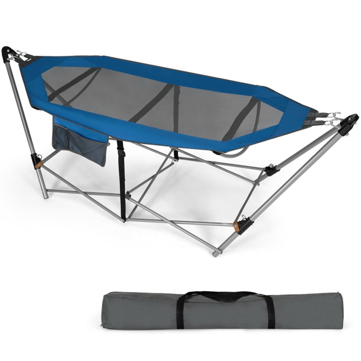 Blue Folding Hammock with Iron Stand and Side Pocket