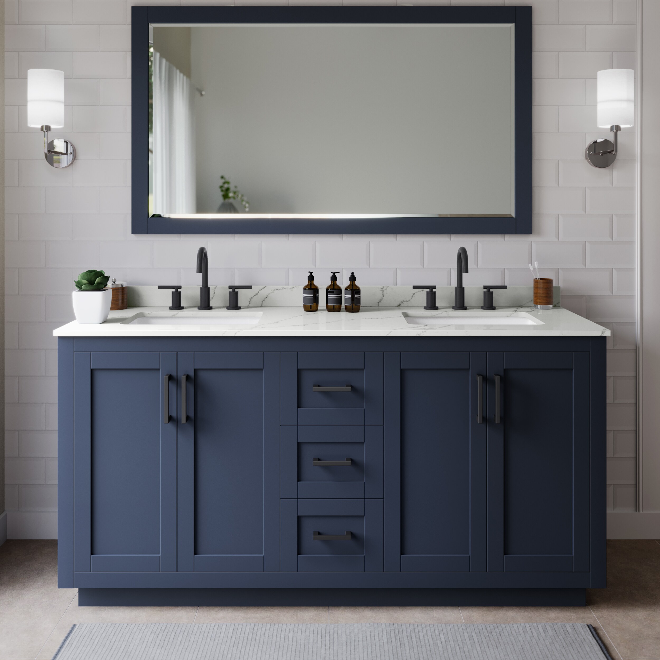 Wyndham Collection WCF292966DBBGTUS3MXX Miranda 66-in Dark Blue Undermount Double Sink Bathroom Vanity with Giotto Quartz Quartz Top