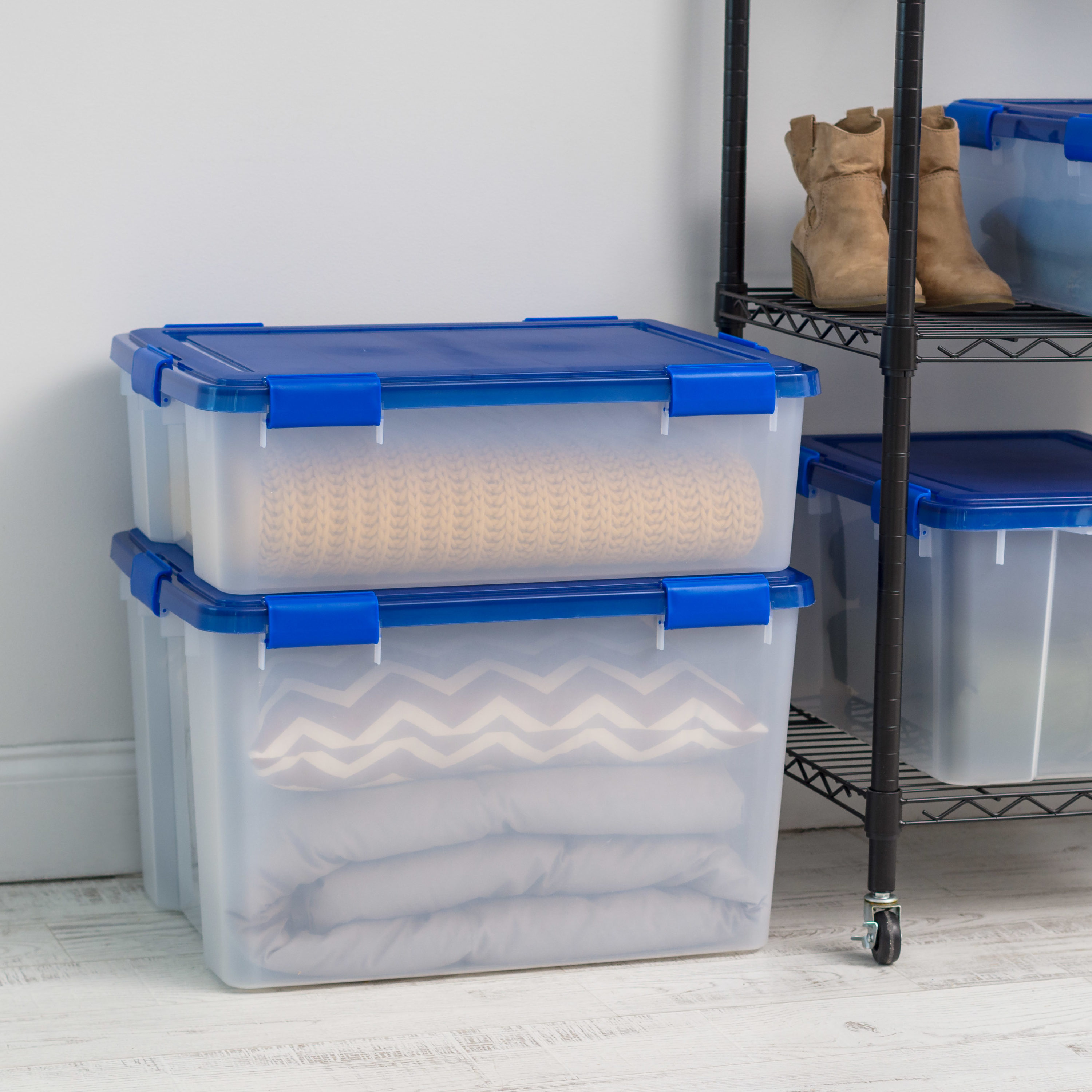 Iris 15 Gallon Clear Plastic Storage Boxes with Blue Lid, Pack of 4