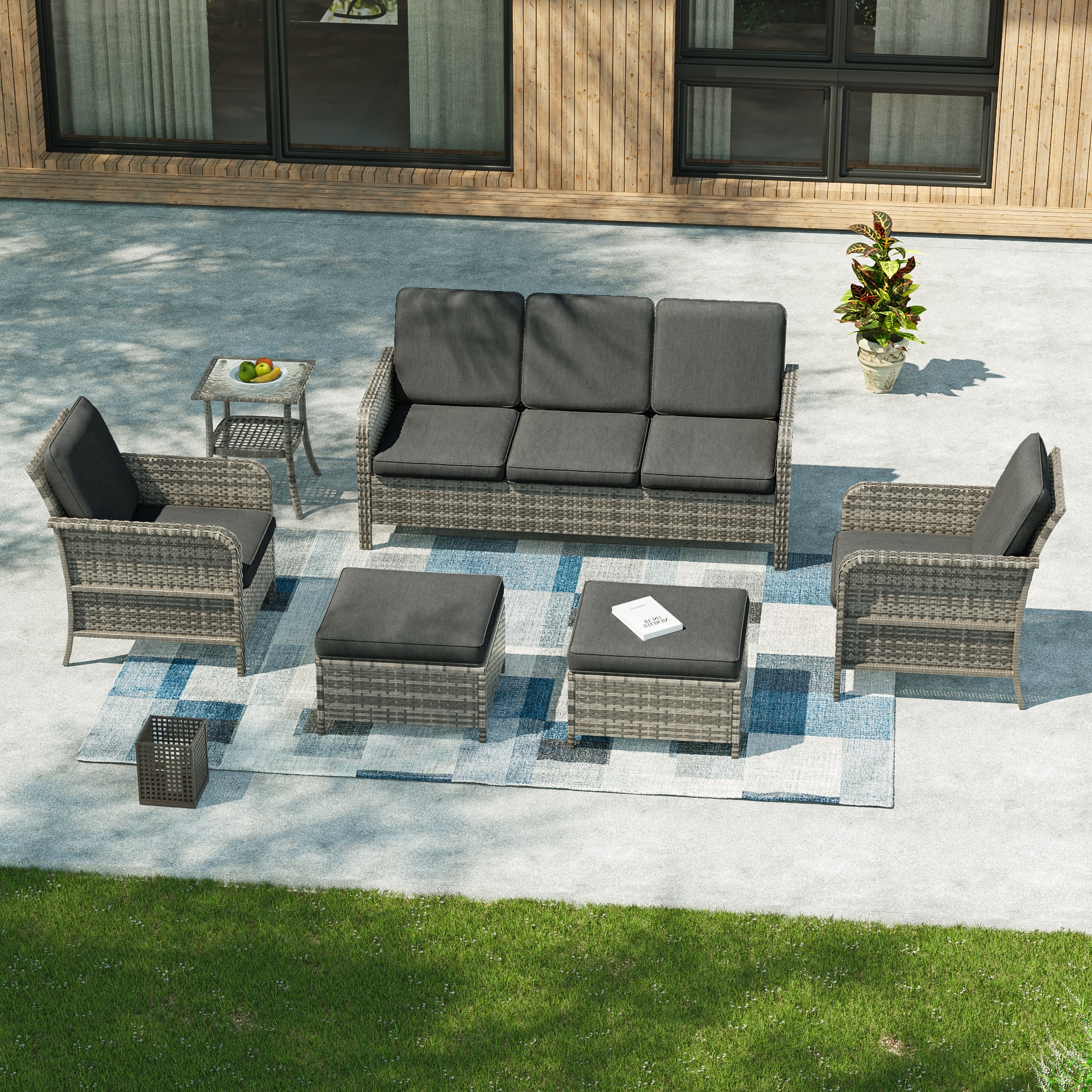 ACEGOSES LW-155HBK-T2 Skytop 6 -Piece Wicker Patio Sofa Conversation Set with Black Cushions