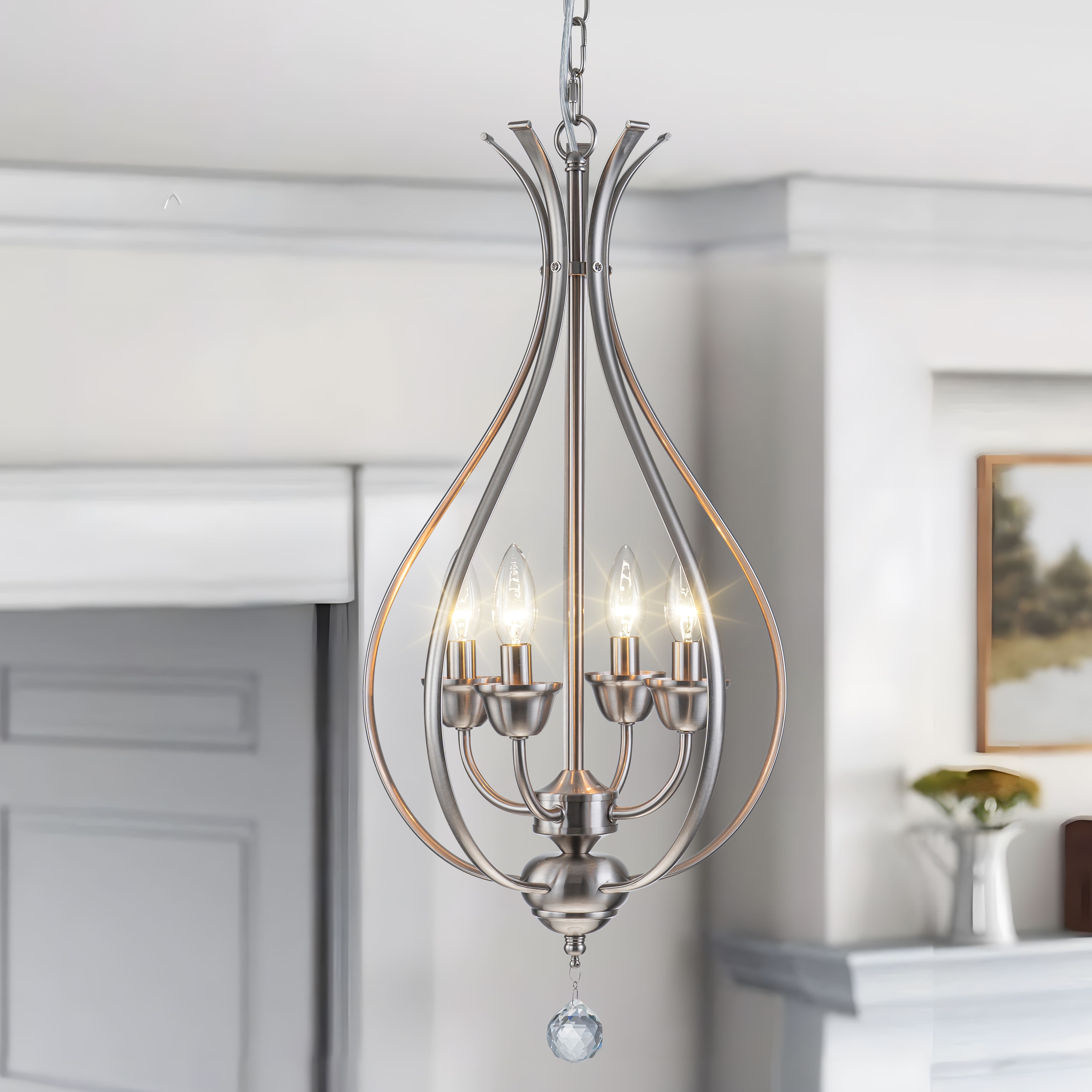 GoYeel 4-Light Brushed Nickel Transitional Chandelier with Shell and Crystal Accents for Dining Room