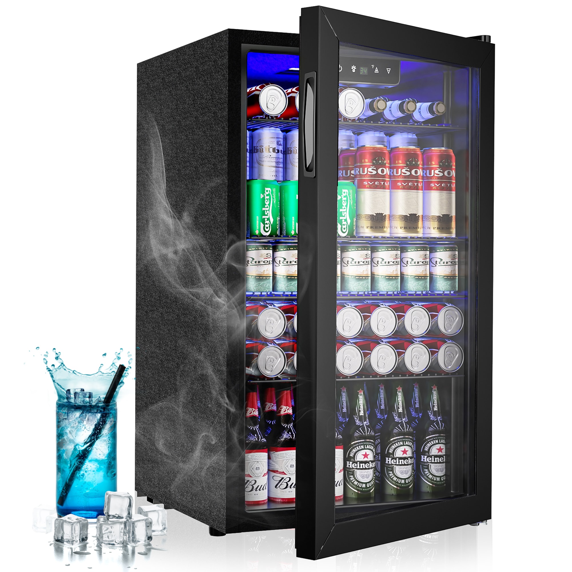 SIMZLIFE BR-110H 17.5-Inches W 126 -Can Capacity Black Freestanding Indoor Beverage Refrigerator with Glass Door