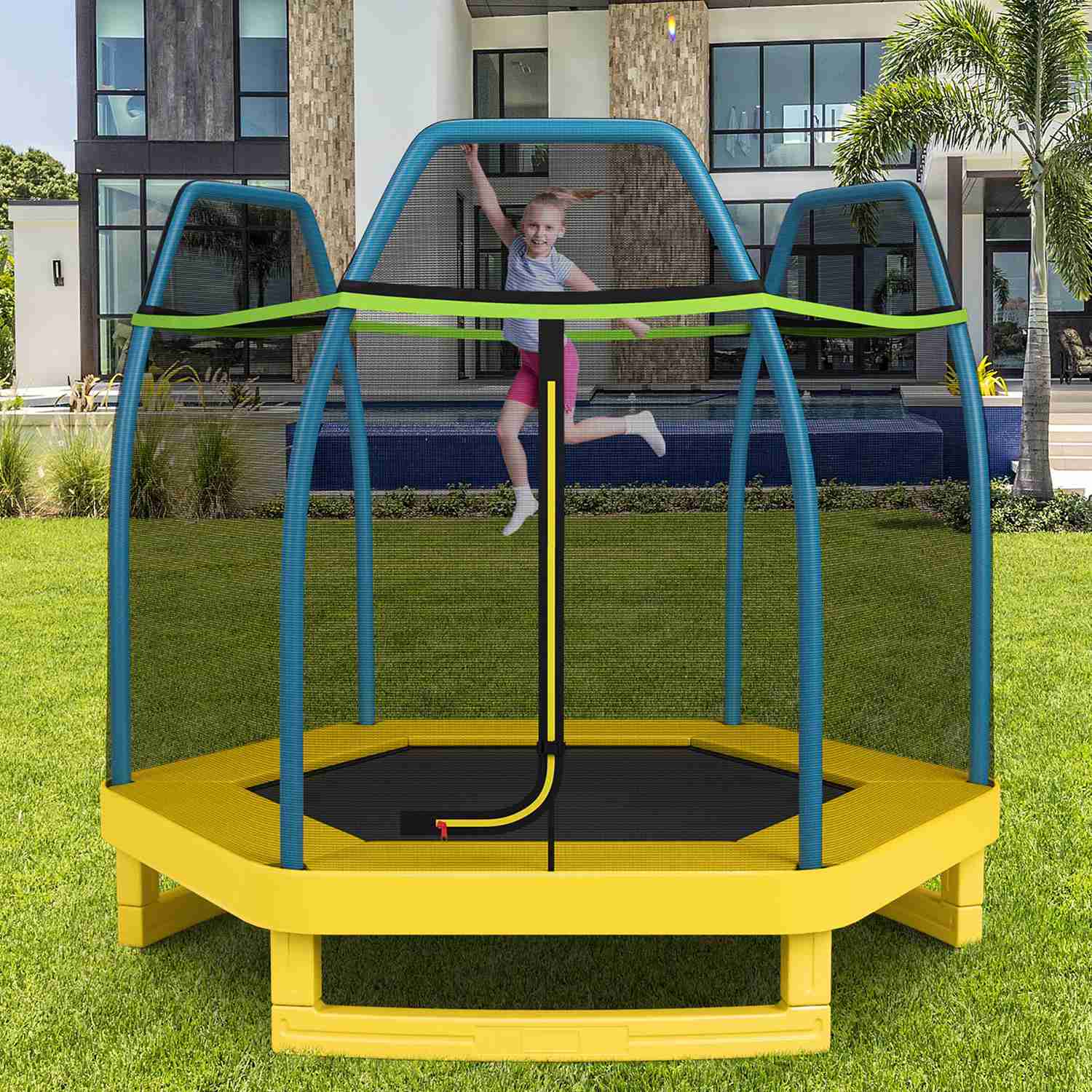Costway CSHY000946 7 FT Kids Trampoline with Safety Enclosure Net Spring Pad Indoor Outdoor Heavy Duty Green