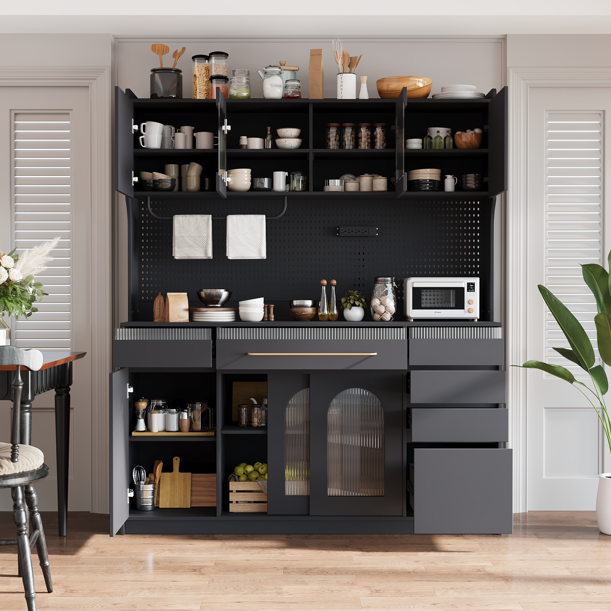 ModernLuxe Assembly Required Freestanding 63inch W Buffet with Hutch Large Coffee Bar Storage Cabinet with 6 Drawers 5 Cabinets with Adjustable ShelvesPegboardTowel Rack Power OutletBlack
