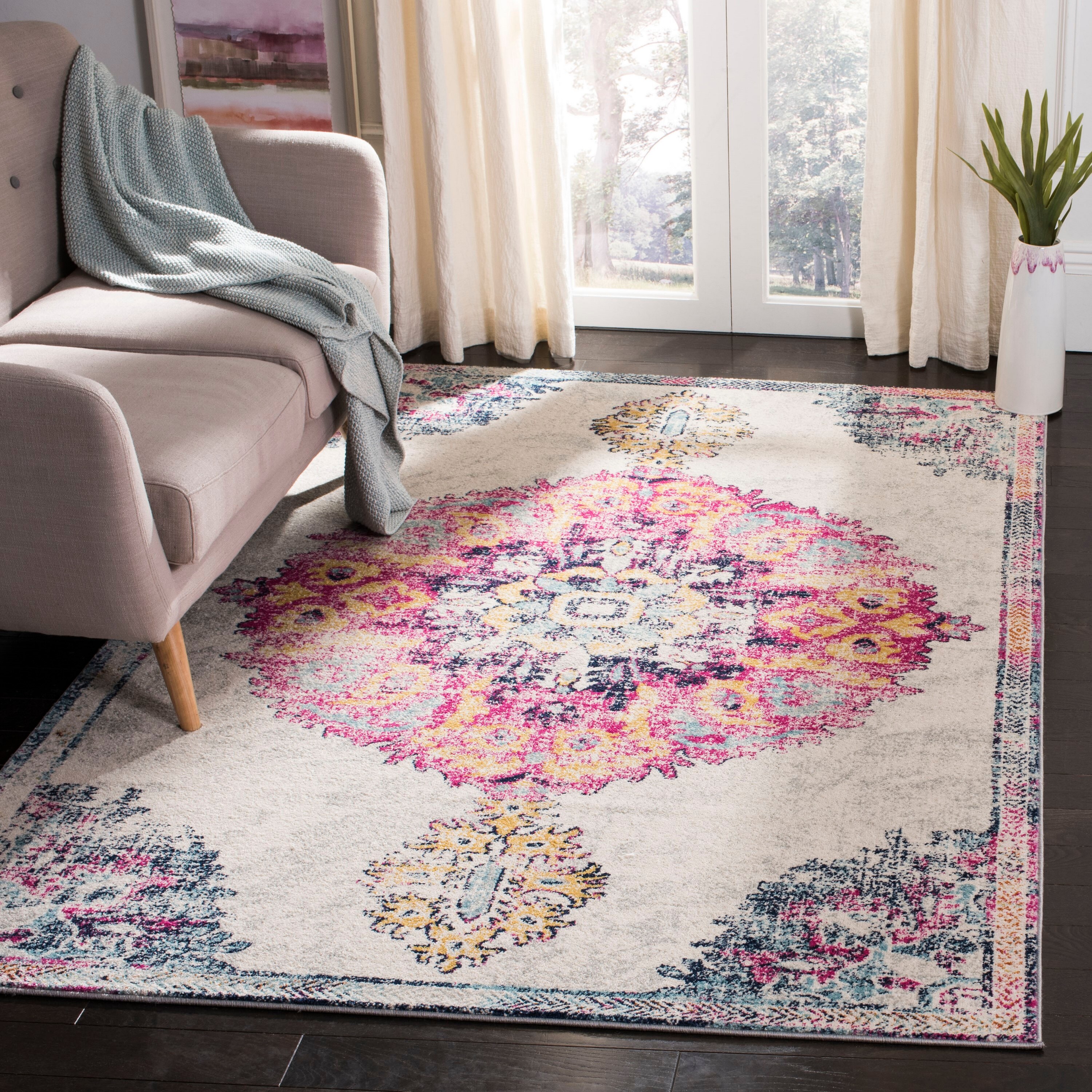 Safavieh MAD913A-7SQ Madison Merle 7 x 7 (ft) Loomed Polypropylene Ivory/Fuchsia Square Indoor Medallion Vintage Area rug
