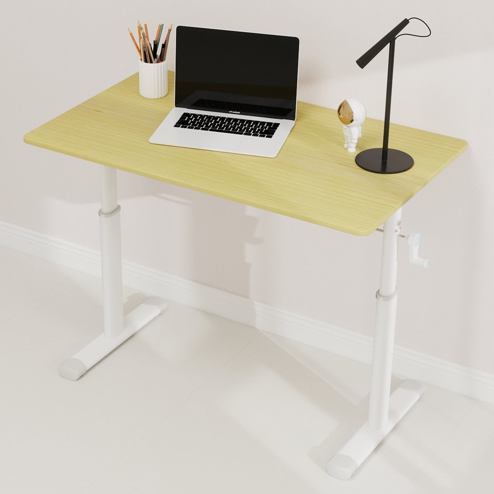 Huluwat Adjustable Study Desk Suitable for Children and Adults Height-adjustable Multifunctional Home Office Desk Compact Design Desktop White Frame with Natural Wood-colored Tabletop